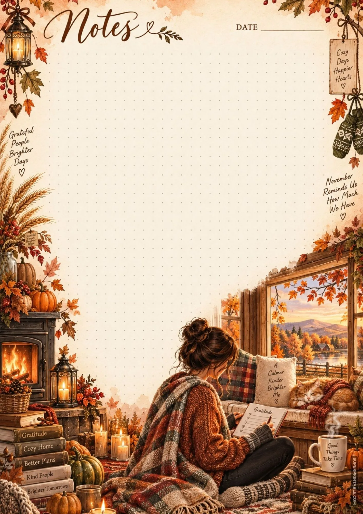 Fall theme memo sheet with a woman writing a gratitude list on her lap next to a burning fireplace.