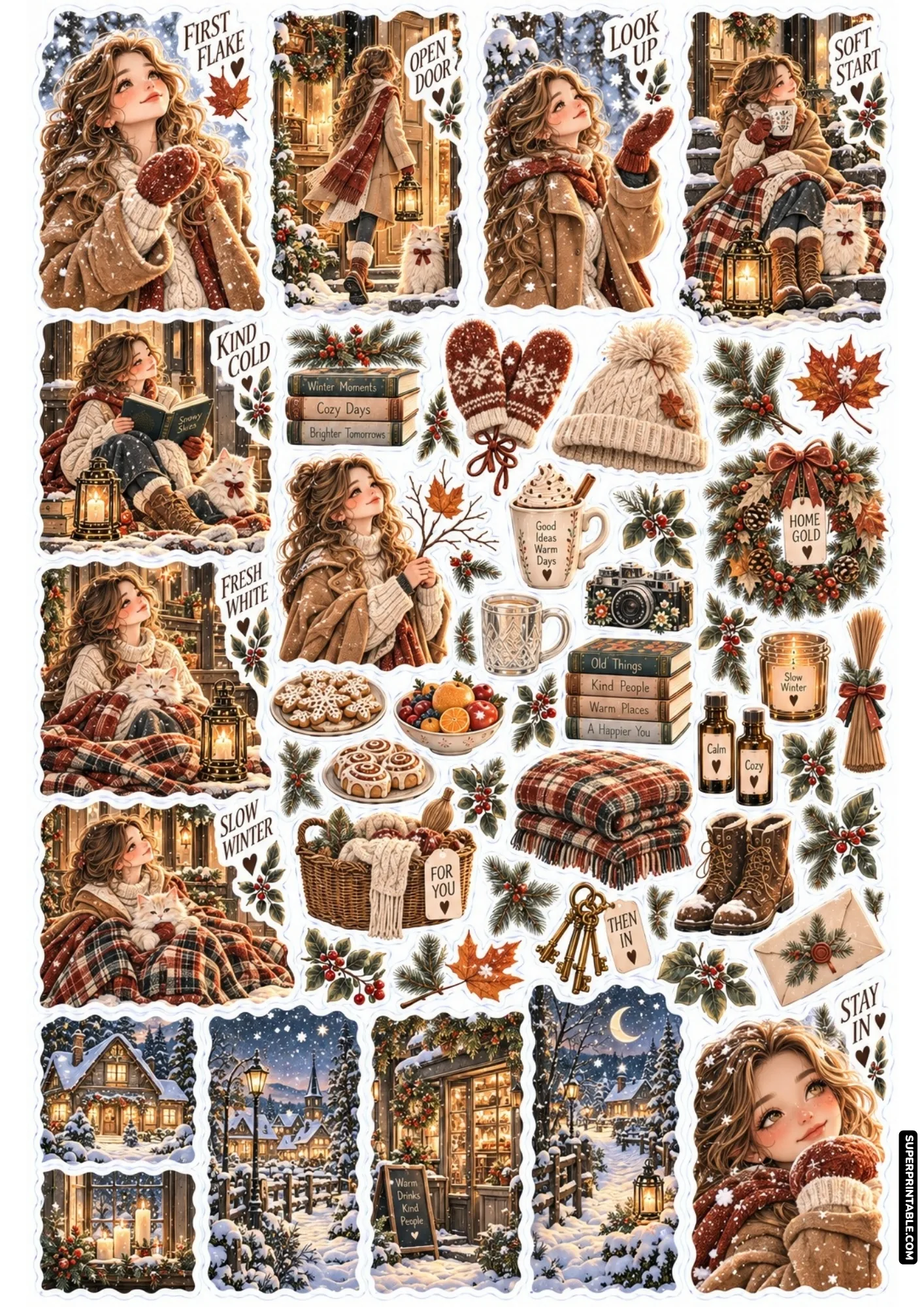 Camel winter coat sticker sheet featuring snowy doorstep scenes, cozy knit beanies, and winter lanterns