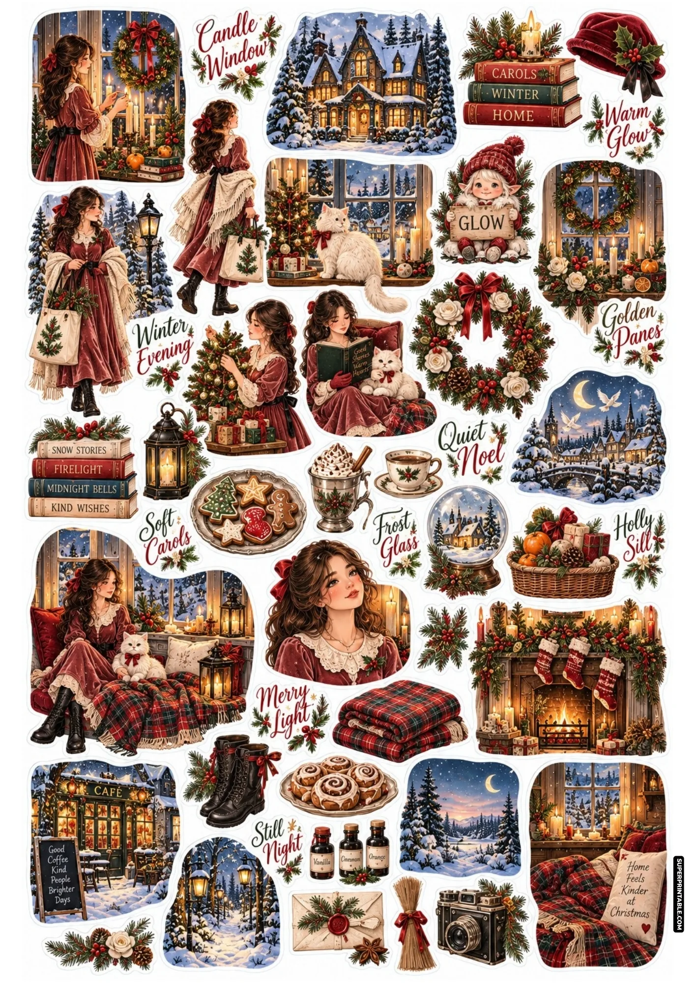 Candlelit evening Christmas stickers featuring festive window wreaths, illuminated manors, and velvet holiday attire.