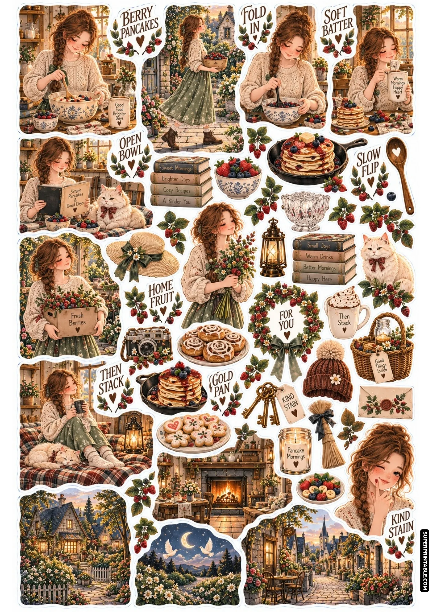 Printable sticker sheet with cast iron skillet pancakes, fresh berry crates, and wooden spoons