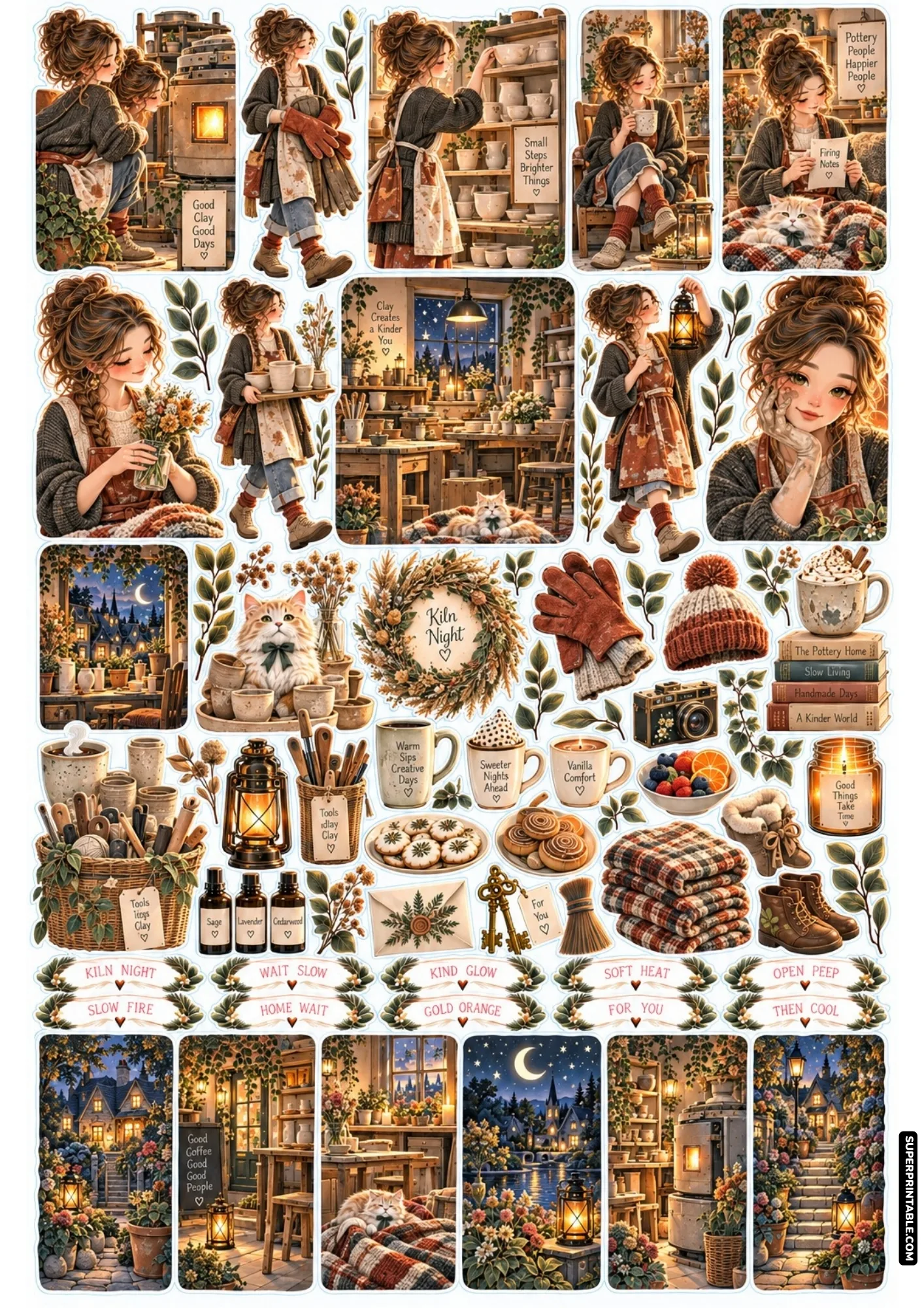 Ceramic kiln workshop stickers with pottery shelves, warm lanterns, and artisan notebooks.