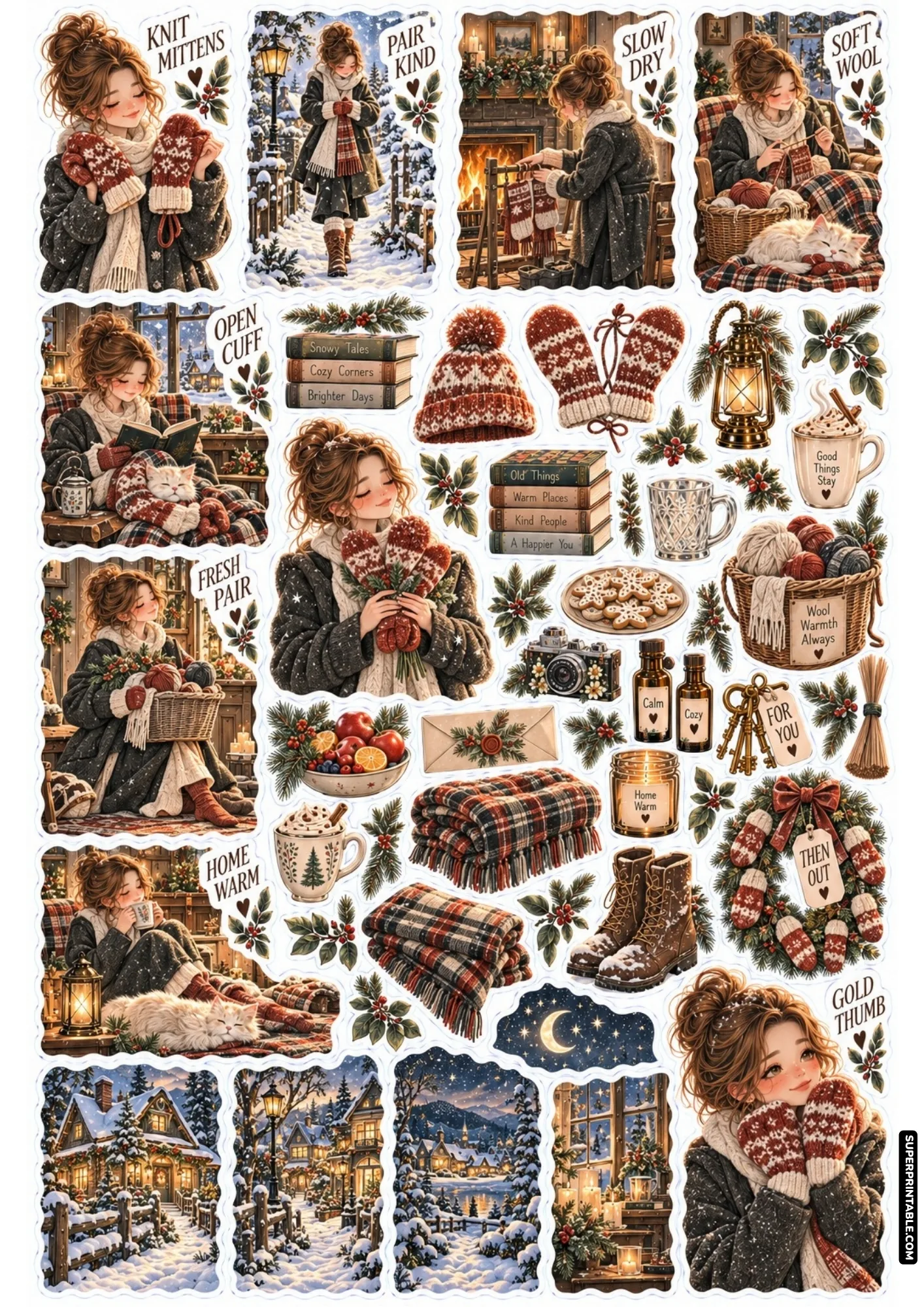 Nordic mitten and charcoal coat sticker sheet featuring warm fireplace hearths and wicker yarn baskets