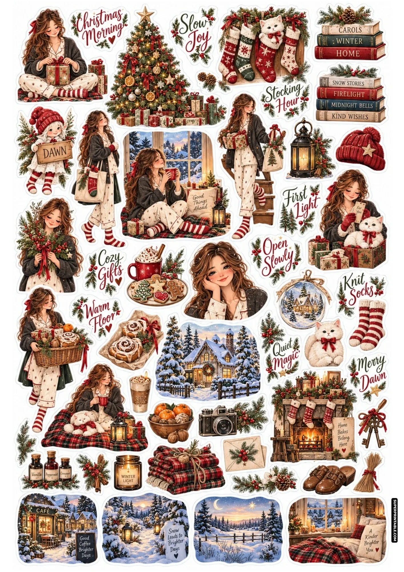 Christmas morning stickers showcasing festive pajama loungewear, unwrapped gifts, cozy fireplaces, and knit socks.