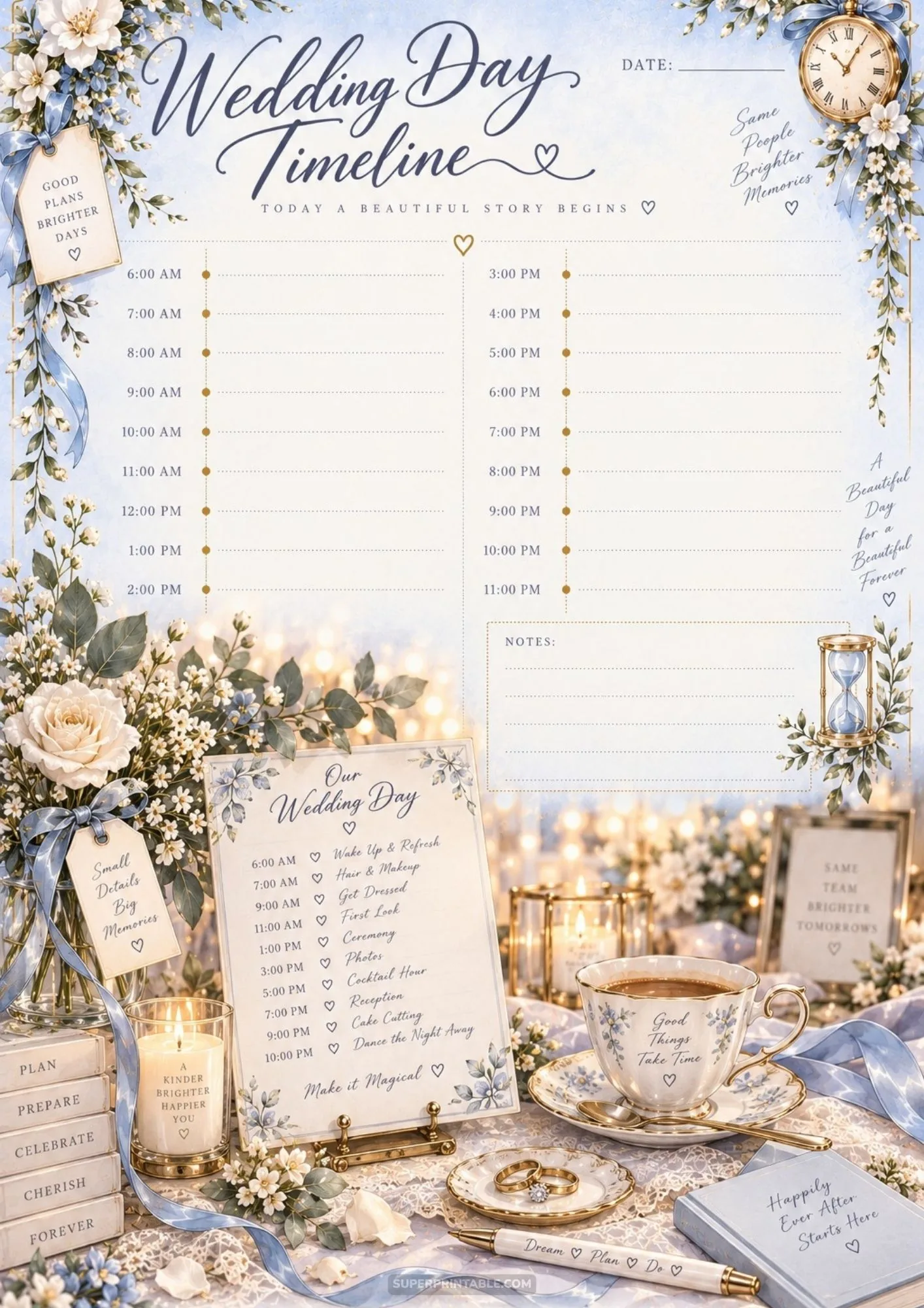 Detailed printable wedding itinerary planner sheet displayed with tea cup and rings.