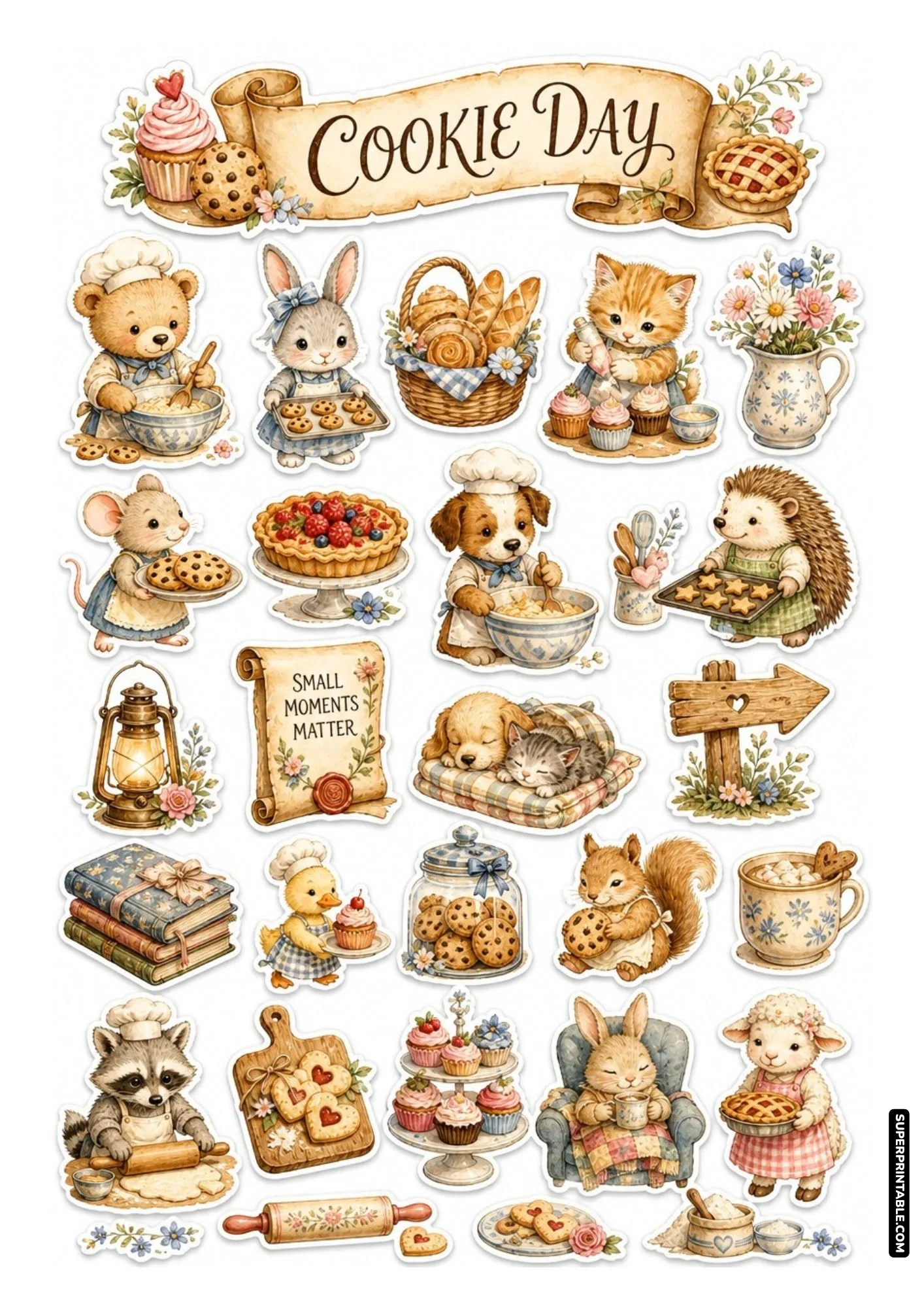 Detailed sticker sheet featuring woodland animals baking fresh cookies and sweet treats.