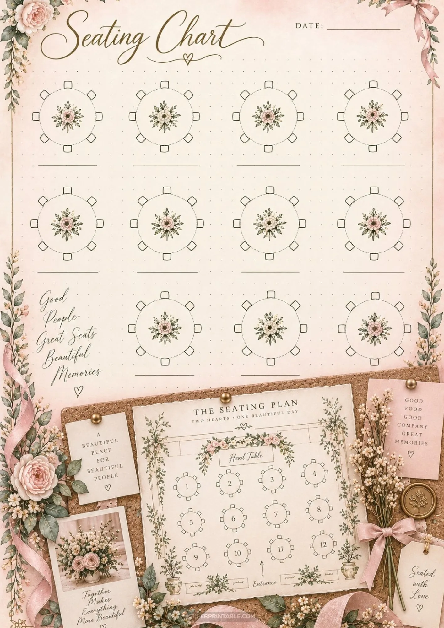 Comprehensive wedding reception floor plan pinned to a corkboard with floral artwork and satin ribbons