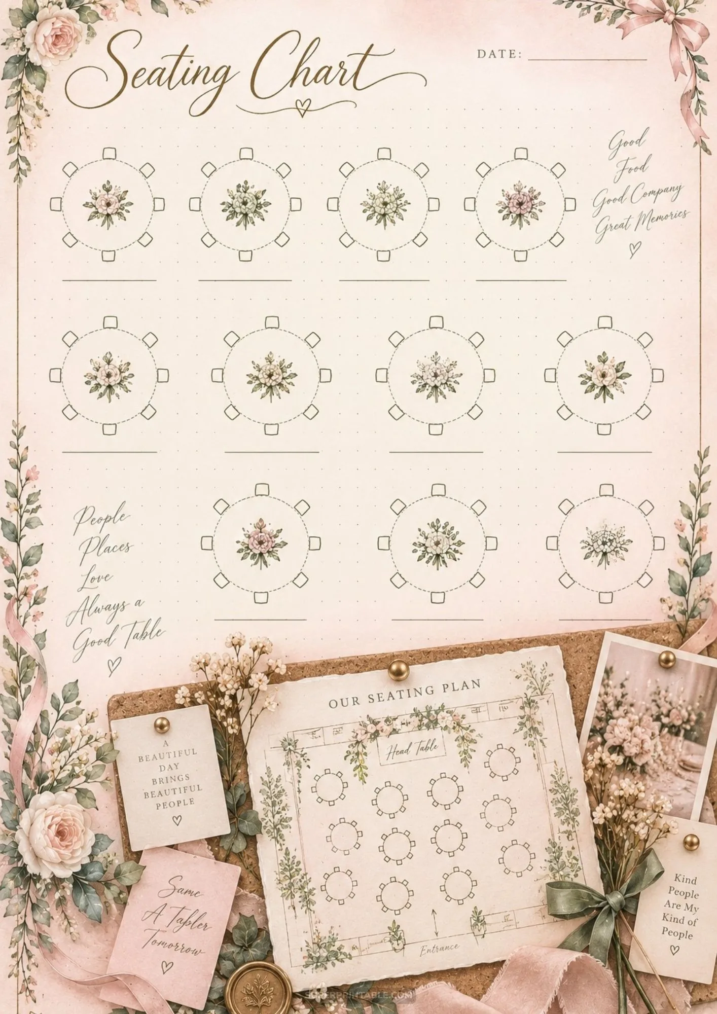 Rustic corkboard display showing a detailed wedding floor plan and table seating chart template