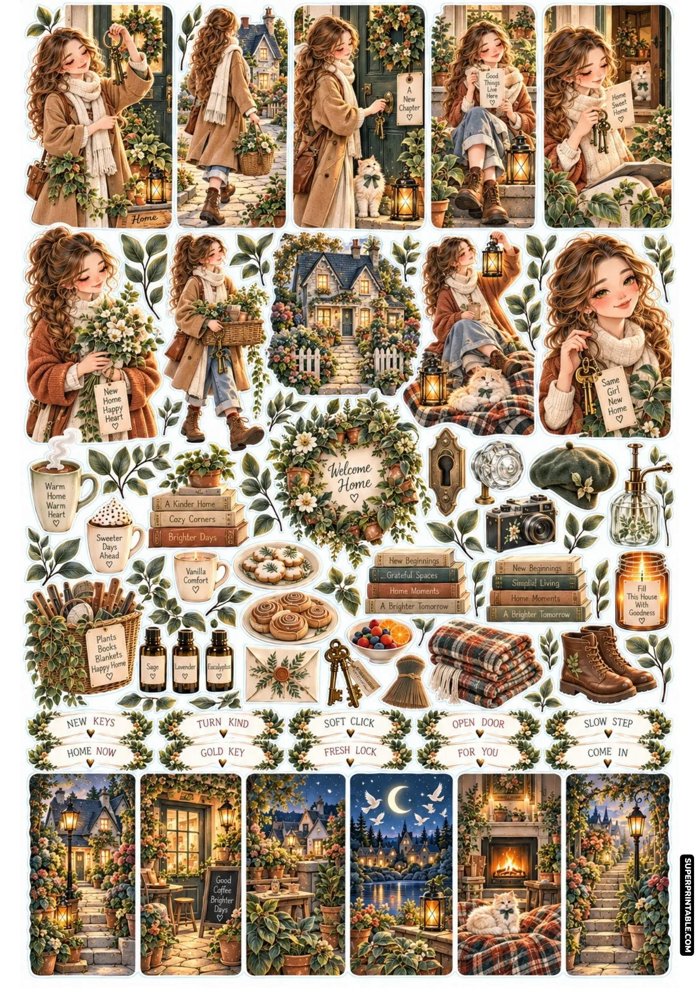 Quaint stone cottage doorway, brass keys, welcome wreath, and rustic homecoming stickers.