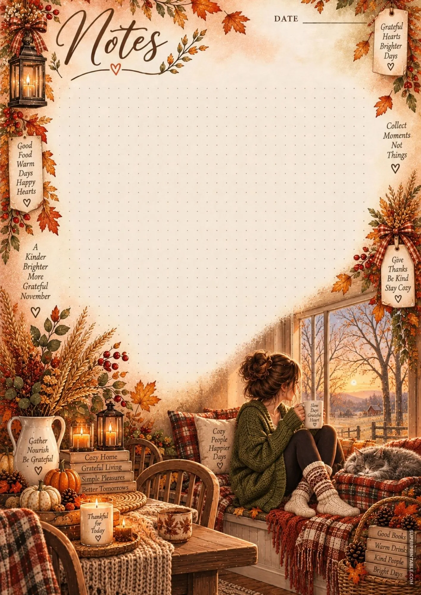 Cozy printable notes layout showing a woman sitting by a window overlooking a snowy autumn sunset with hot tea.