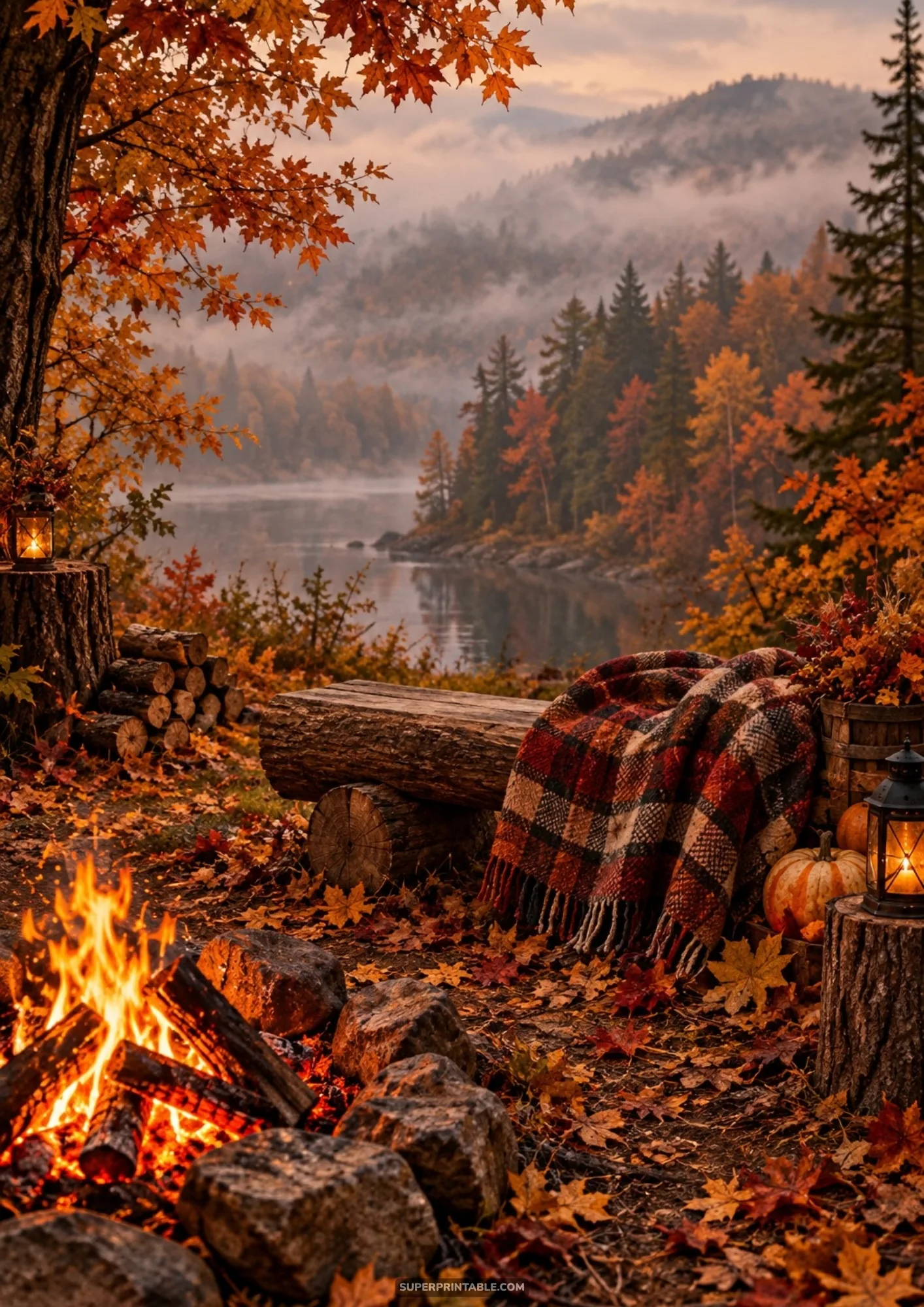 Warm campfire and plaid blanket on a log bench overlooking a misty fall lake and foliage