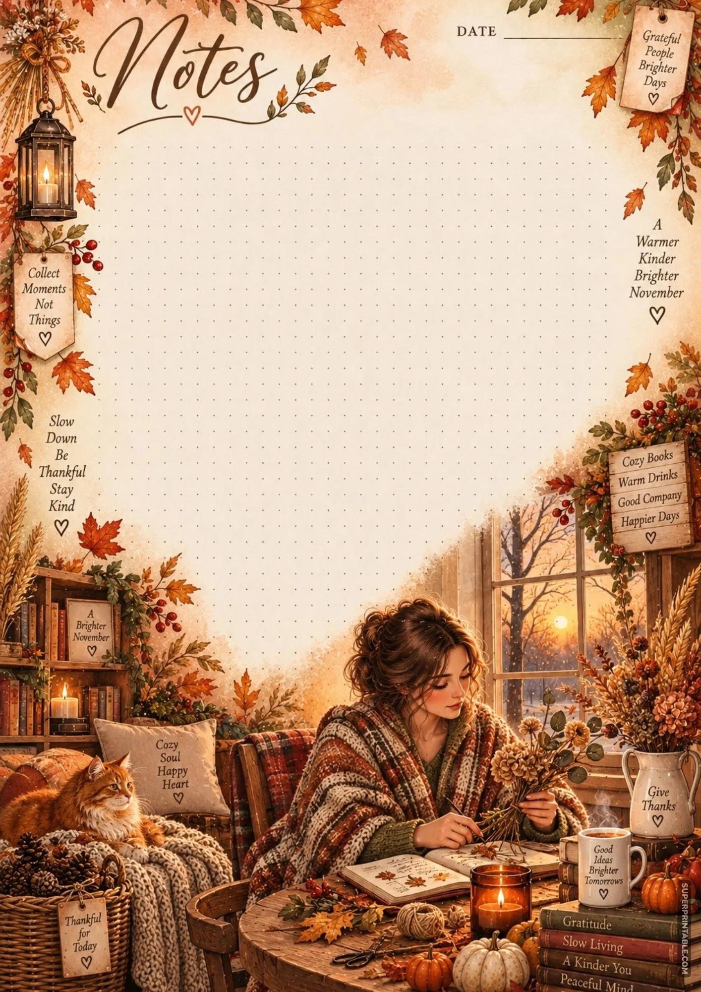 Warm fall dot grid stationery showing a woman wrapping flowers at a wooden table next to an orange cat.