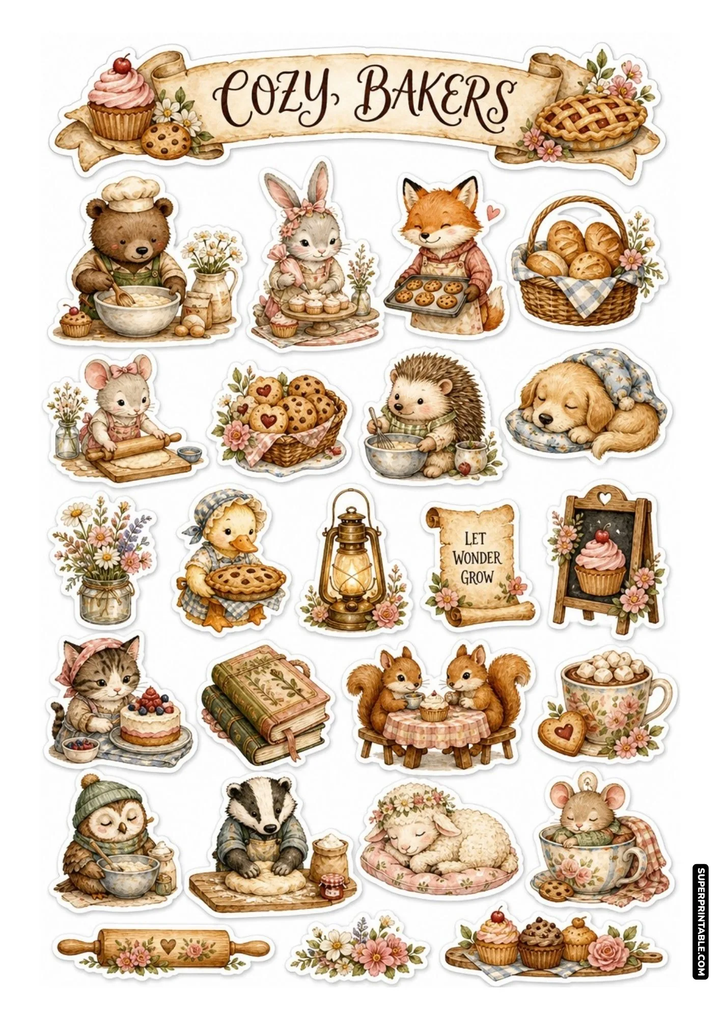 Cozy animal bakers sticker sheet featuring adorable animals mixing, baking, and resting.