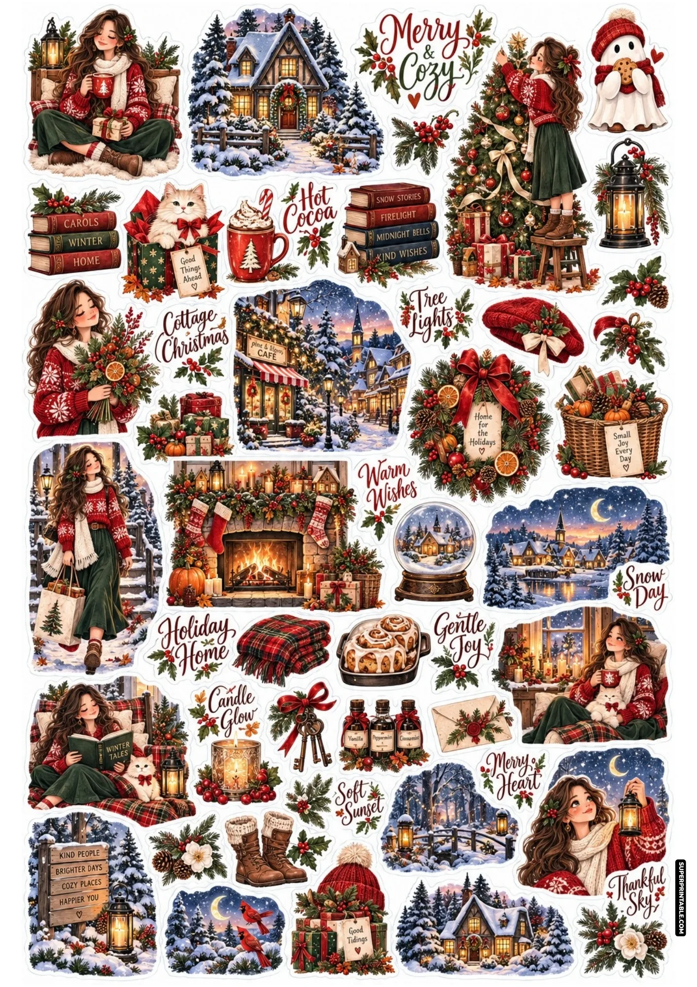 Printable Christmas sticker sheets featuring cozy winter cabins, fireside holiday scenes, and warm treats.