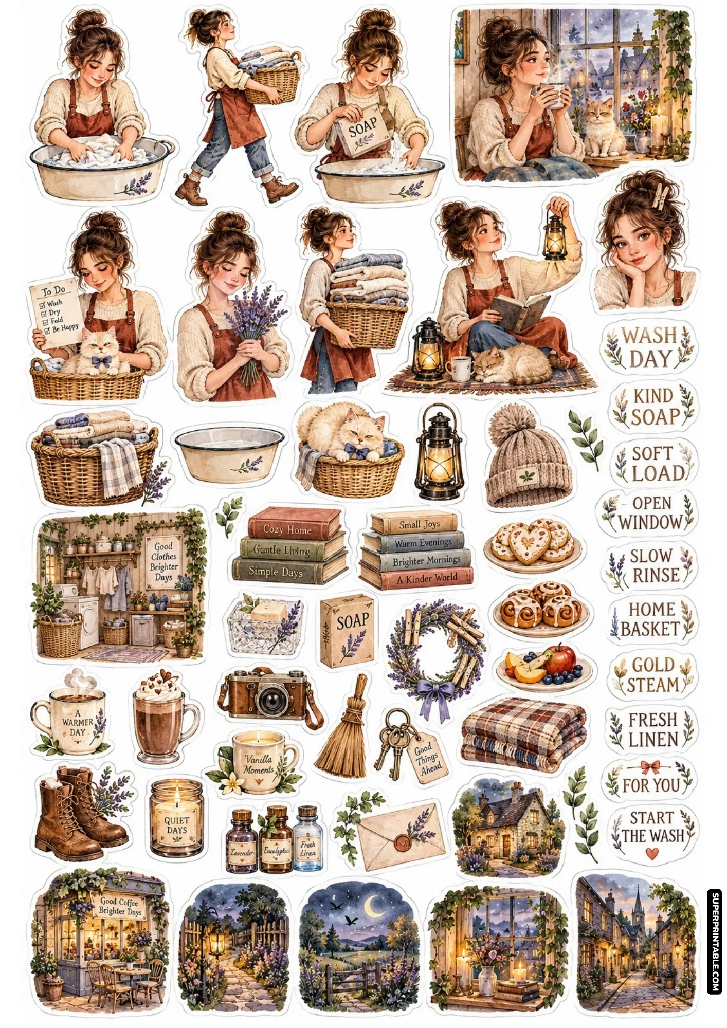 Laundry day sticker sheets featuring cottagecore girls washing clothes in basins, cozy laundry rooms, and warm coffee mugs.