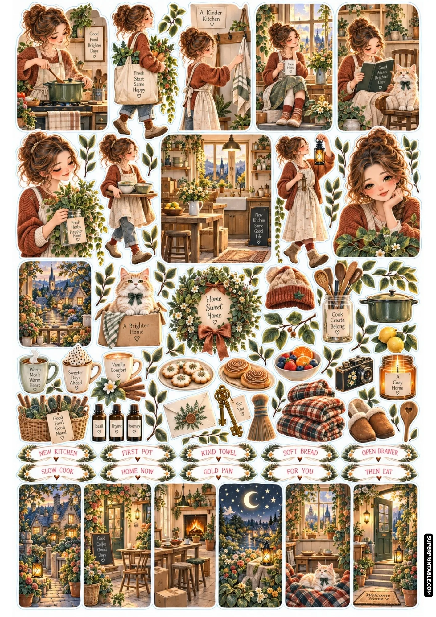 Cottage kitchen cooking scenes, spice jars, and warm food botanical corner sticker sheets.