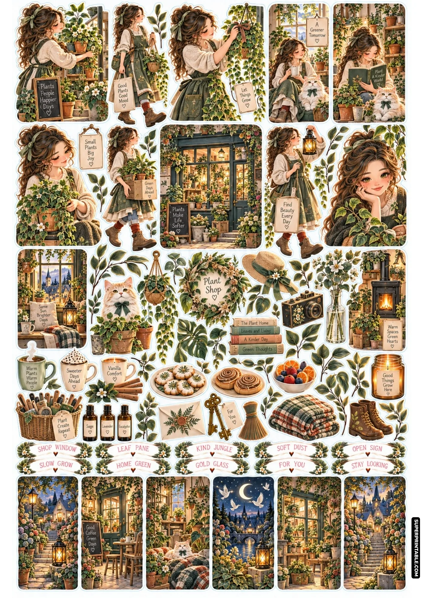 Lush indoor plant shop stickers with potted greenery, hanging ferns, and floral banners.