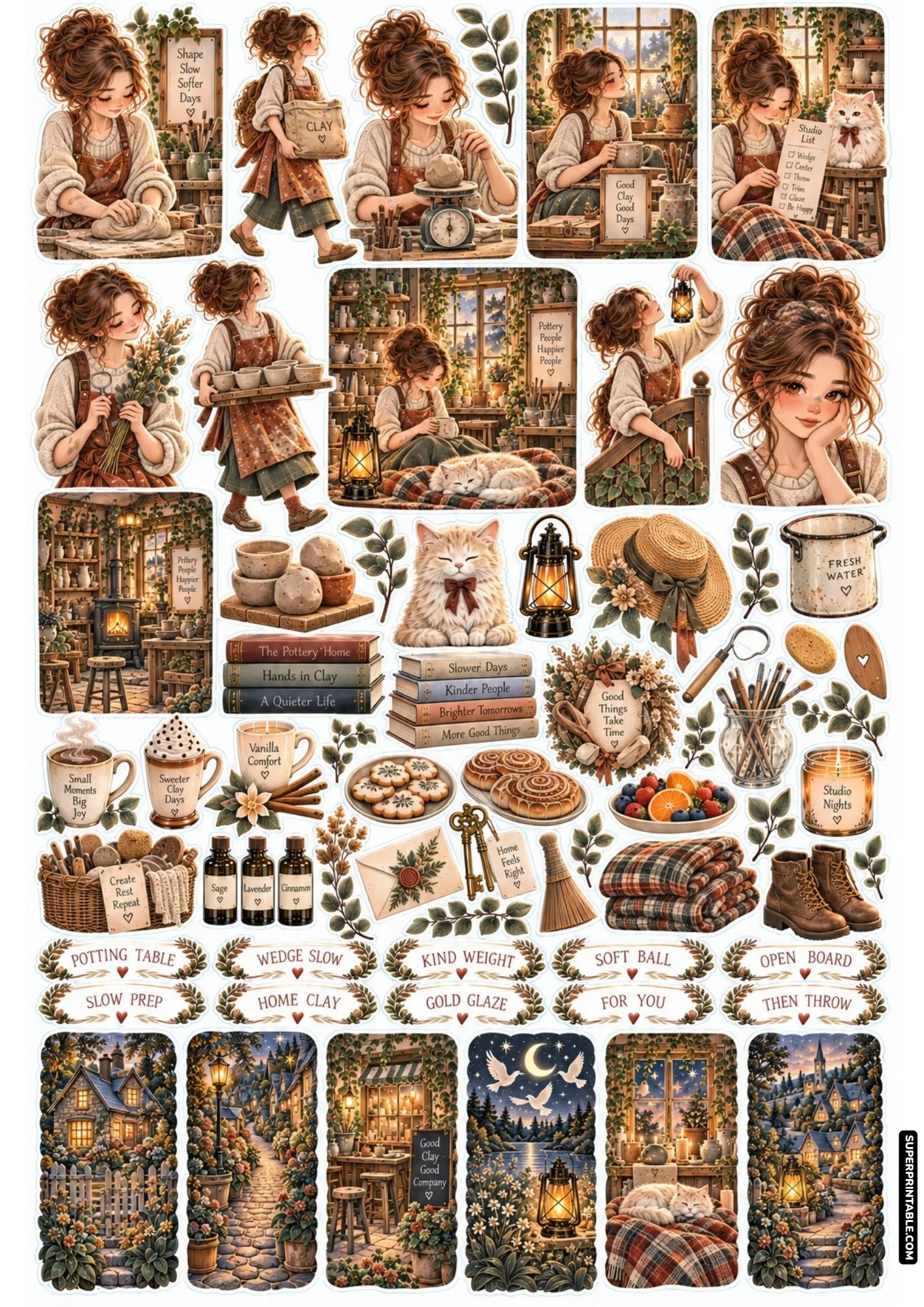 Clay and kiln sticker sheets featuring cozy pottery crafting scenes, sculpting tools, and cute studio kittens.