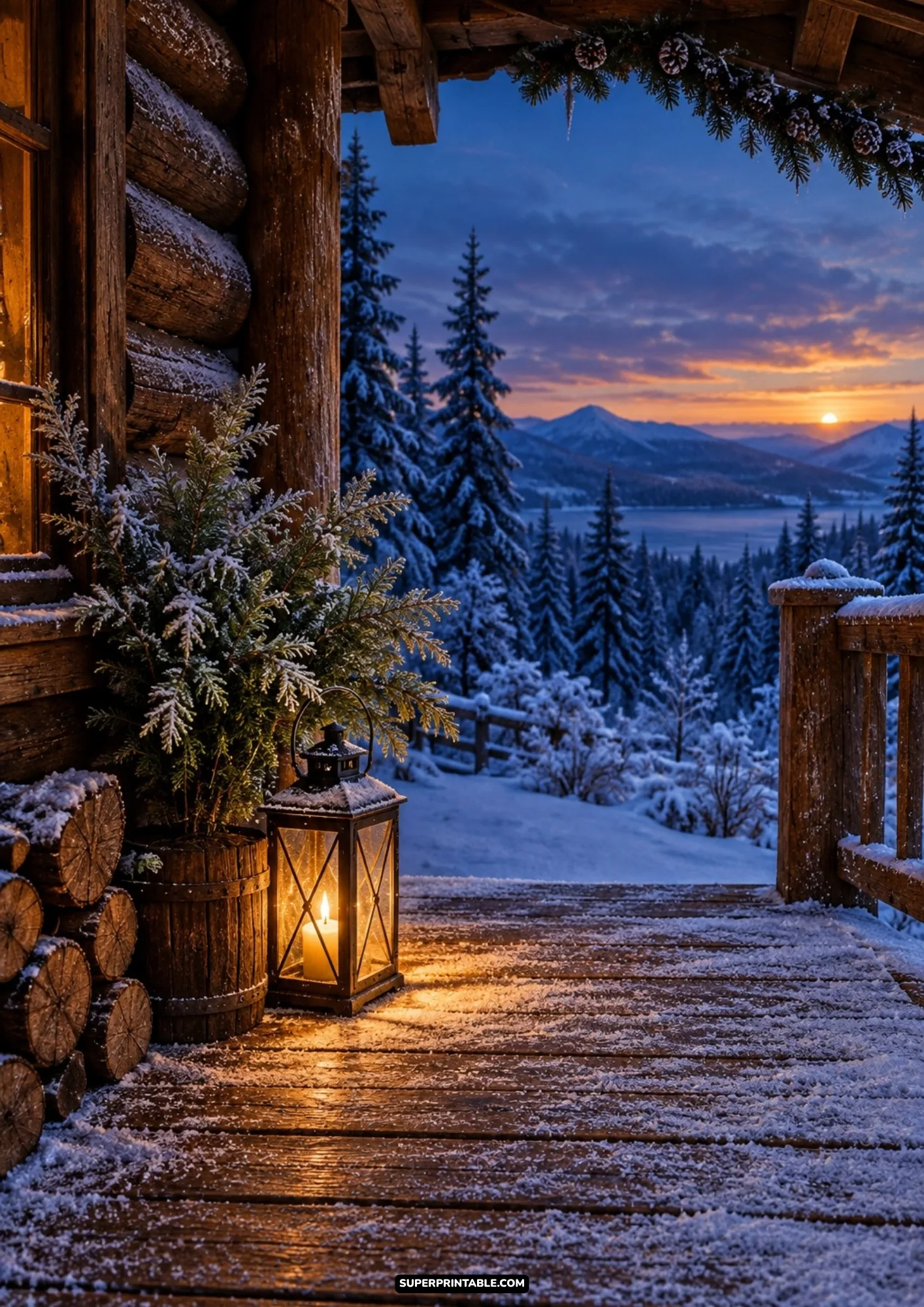 Warm glowing glass lantern and snowy evergreen branches on a rustic log cabin porch overlooking a winter sunset