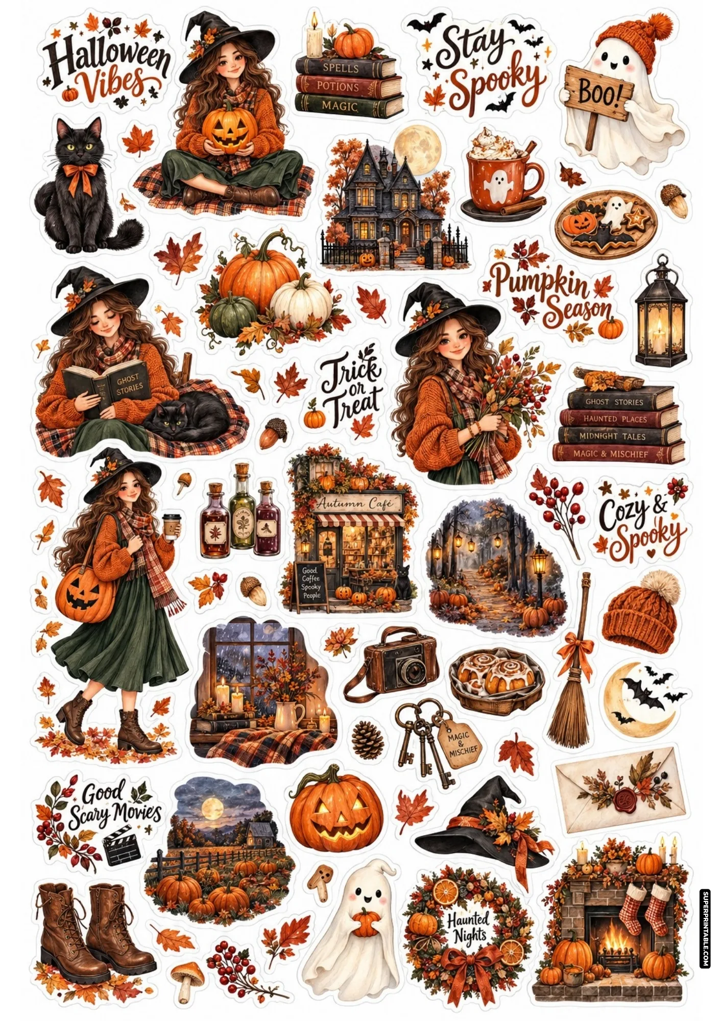 Spooky season sticker sheets featuring cozy witches, carved pumpkins, autumn leaves, and cute ghosts.