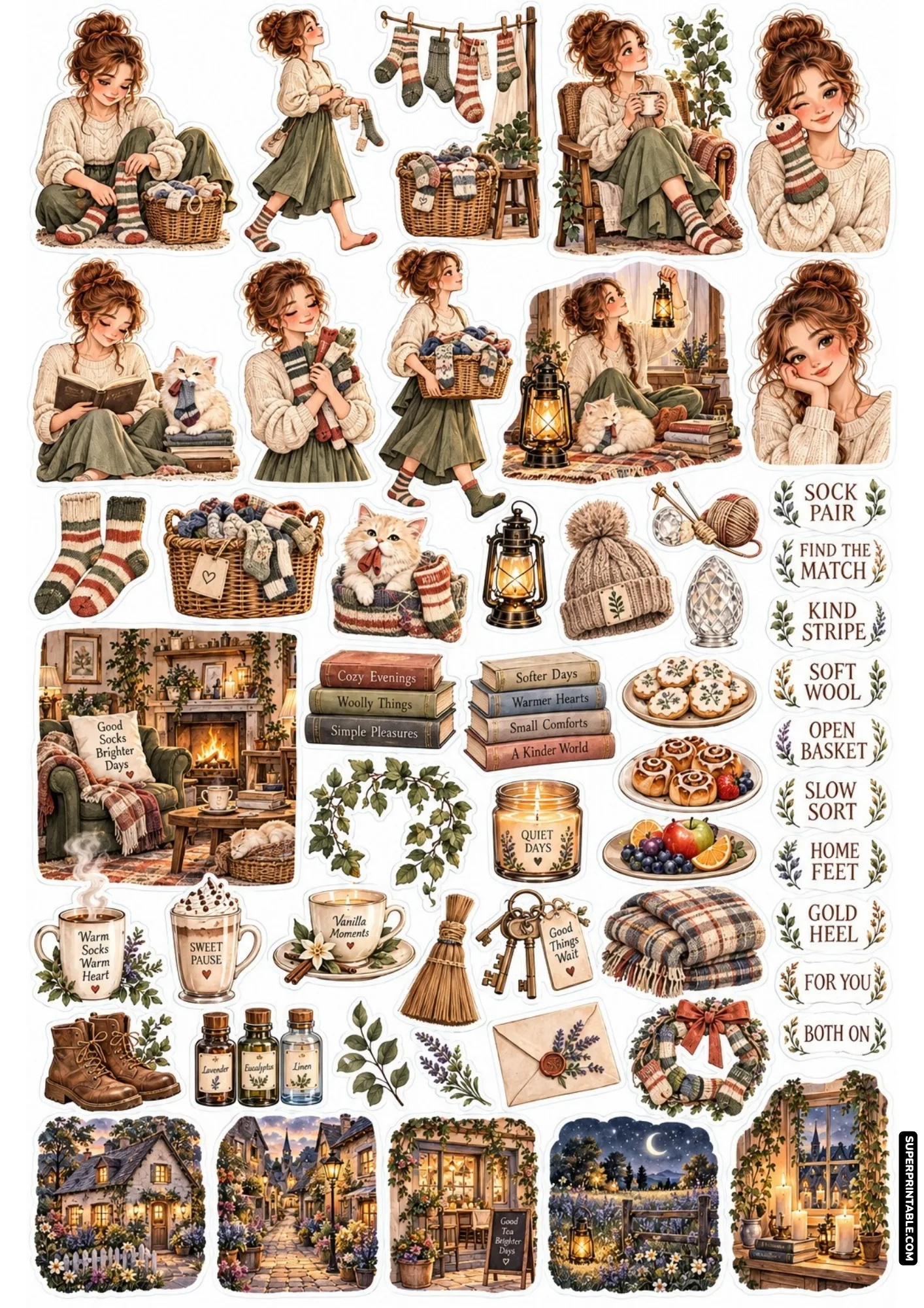 Winter hearthside sticker sheet with cozy girls sorting patterned wool socks, woven baskets, and hot cocoa mugs.