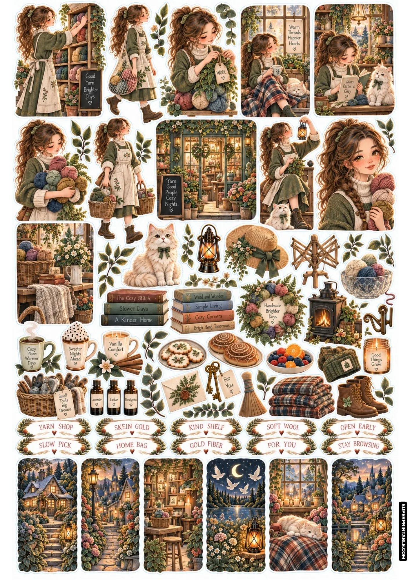 Cozy yarn studio sticker sheet with hand-dyed wool skeins, knitting supplies, and a warm craft room atmosphere.