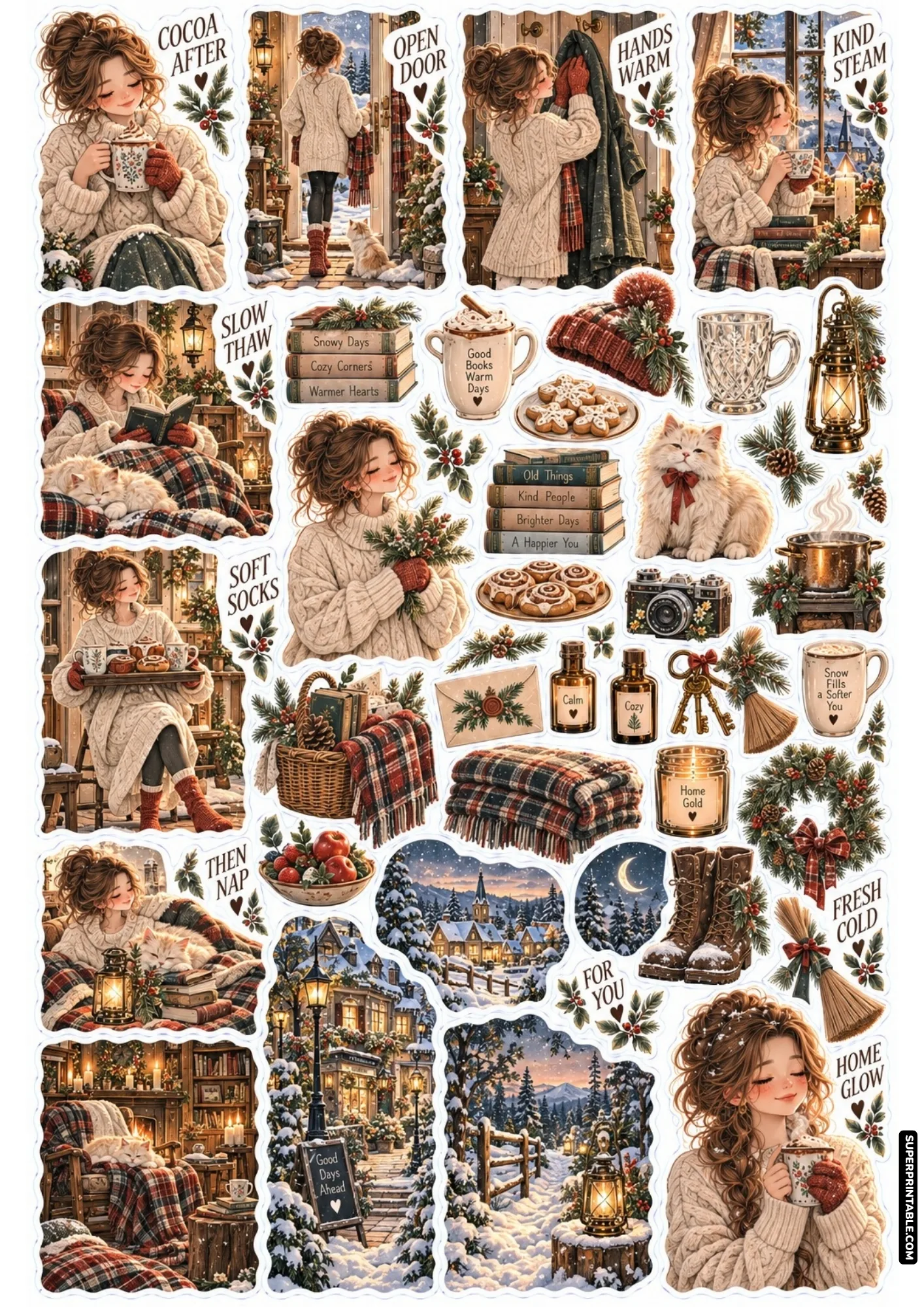 Cozy snow day sticker sheets with cream knit sweaters, steaming hot cocoa mugs, and snowy cottages
