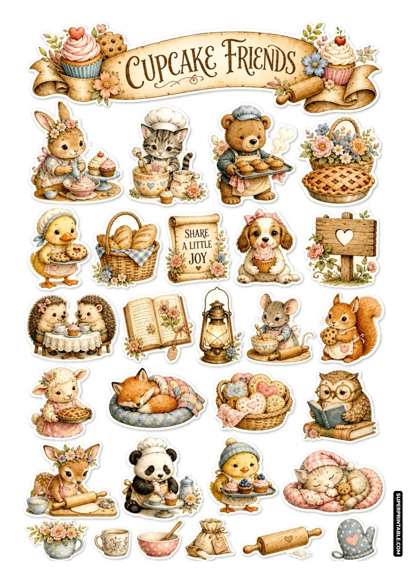 Printable sweet bakery sticker sheets with cute animal bakers decorating cupcakes and pies.