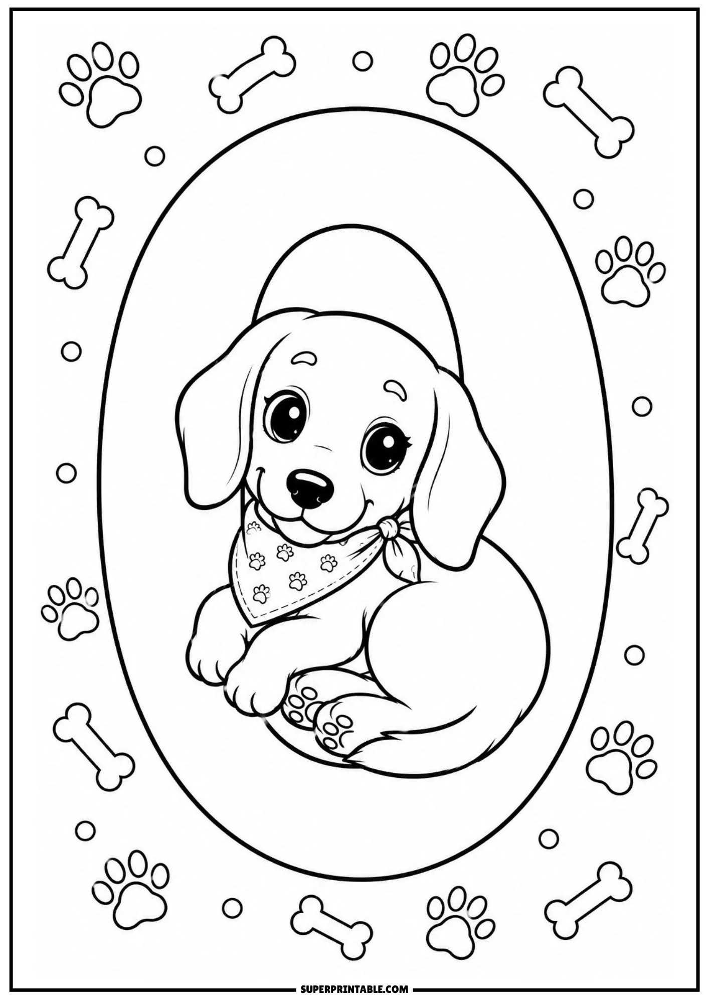 Cute dachshund puppy wearing a bandana curled inside an oval border.