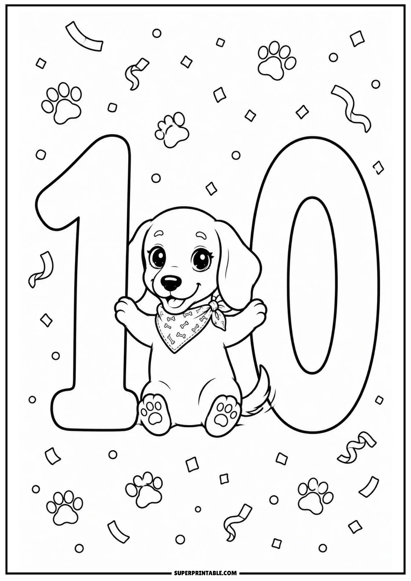 Smiling dachshund puppy in a bandana posing inside a large number ten line art.
