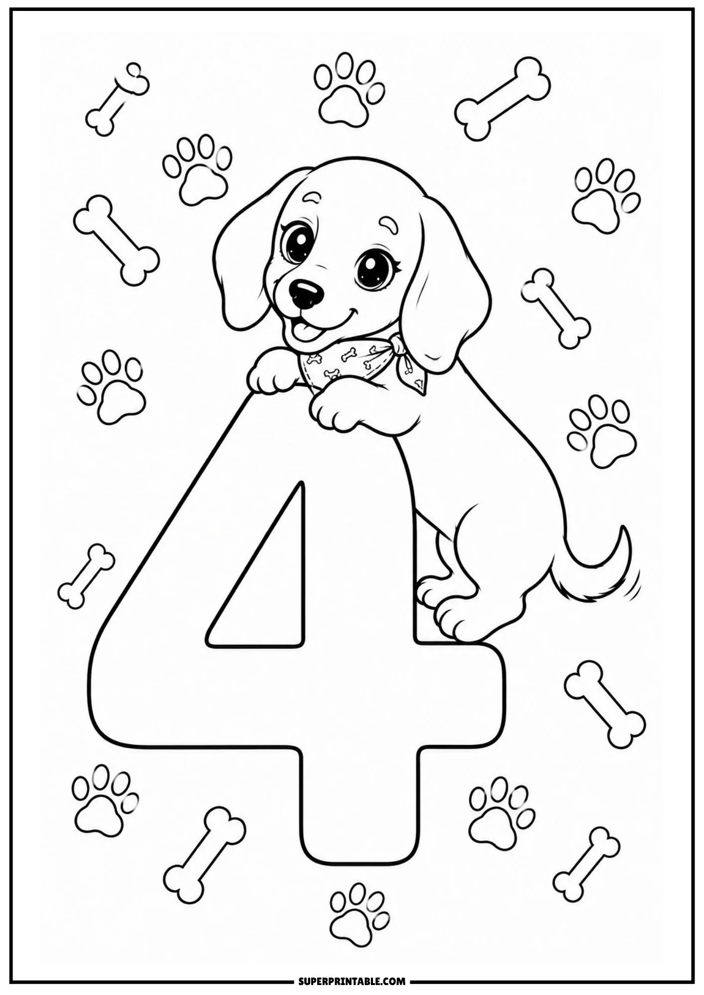 Happy dachshund puppy climbing over a bold number four line art drawing.