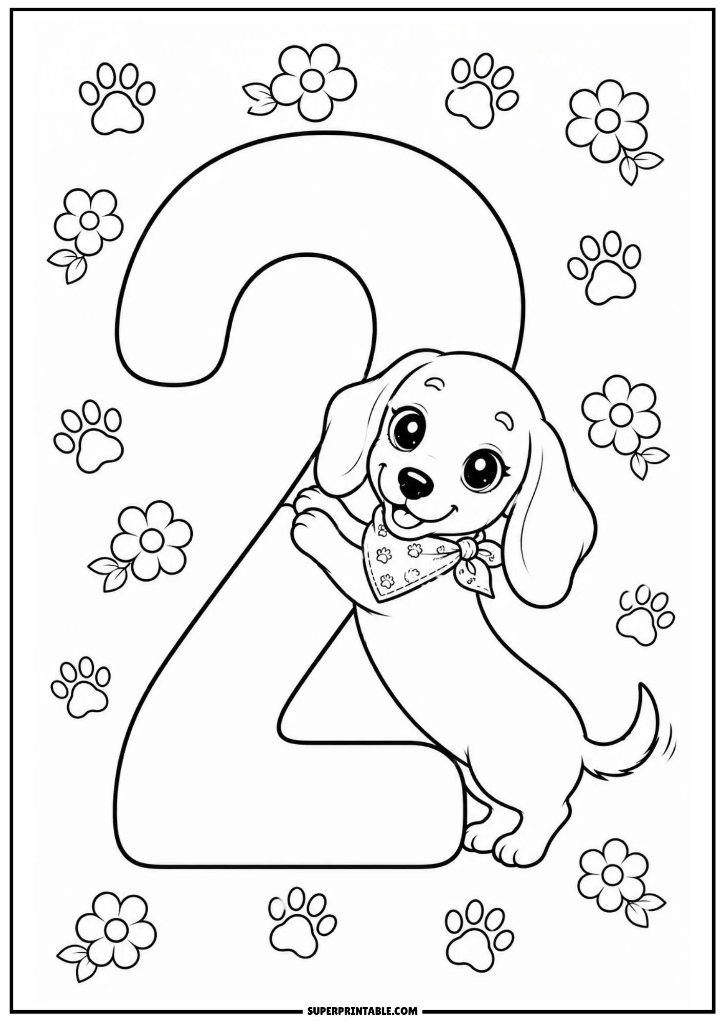 Little dachshund puppy hugging a large number two surrounded by floral outlines.