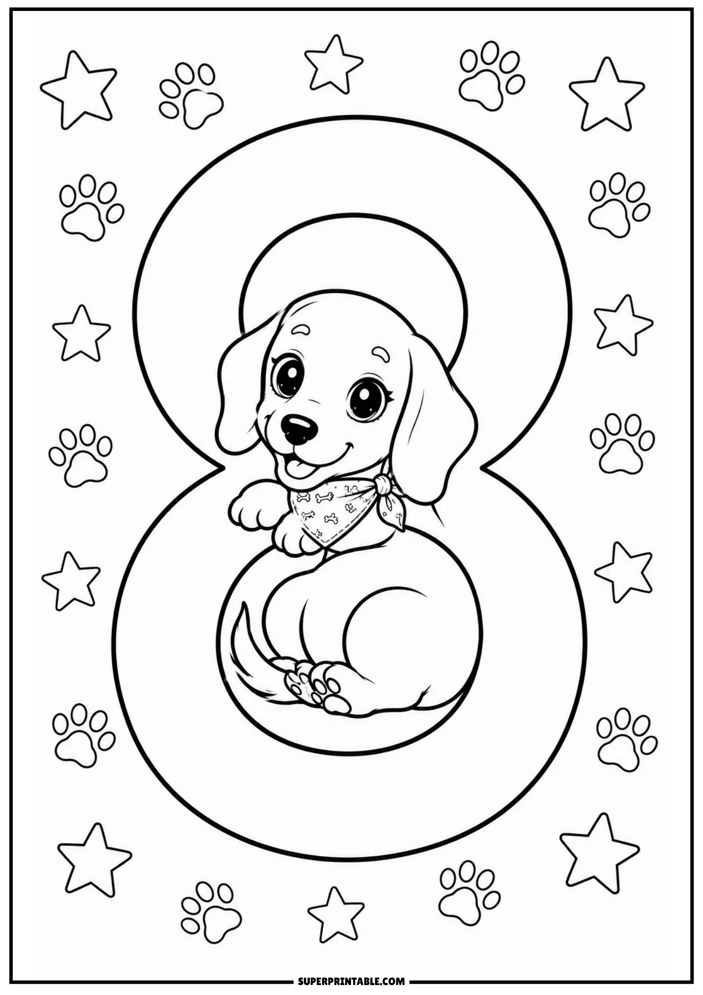 Dachshund puppy nestled inside the center loop of a big number eight outline.