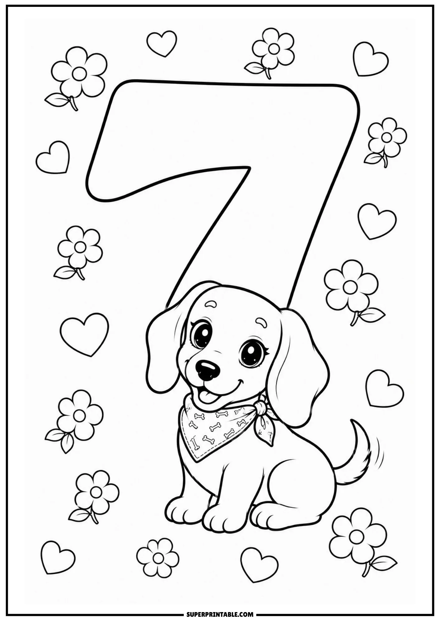 Smiling dachshund puppy sitting under a large numeral seven with cute flowers.