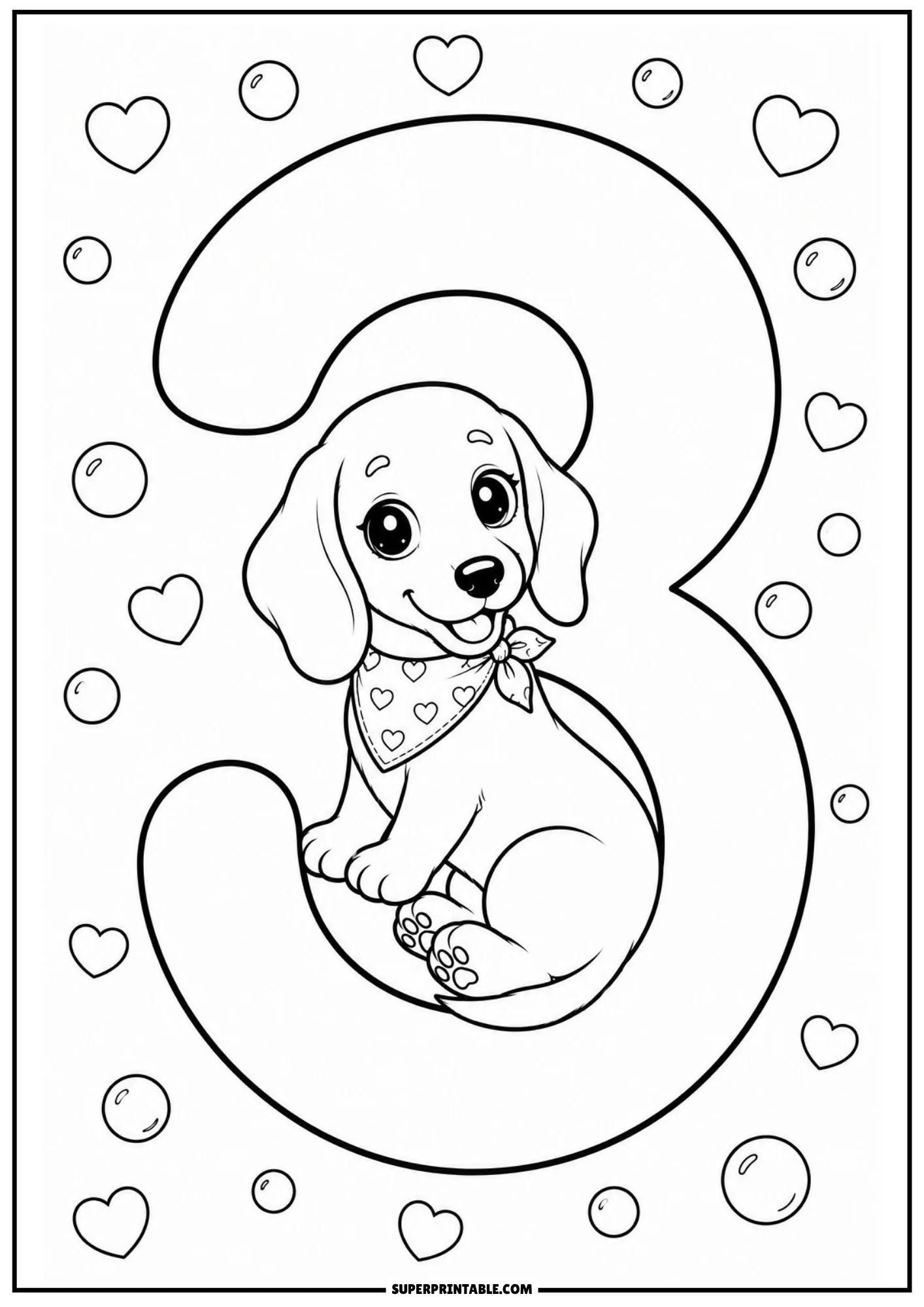 Cute dachshund puppy sitting inside a large numeral three framed by hearts.