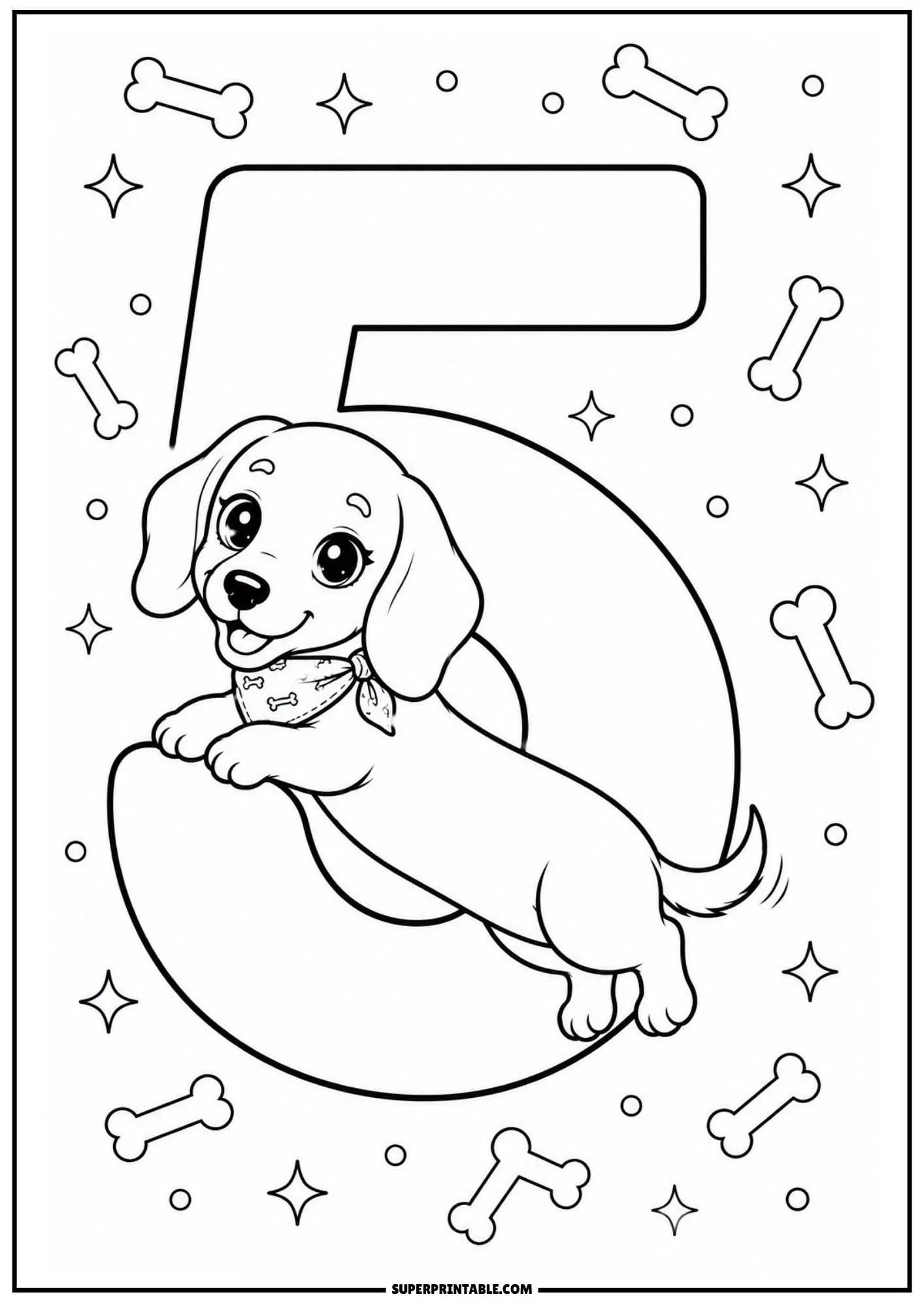 Playful dachshund puppy stretching across a large number five outline.