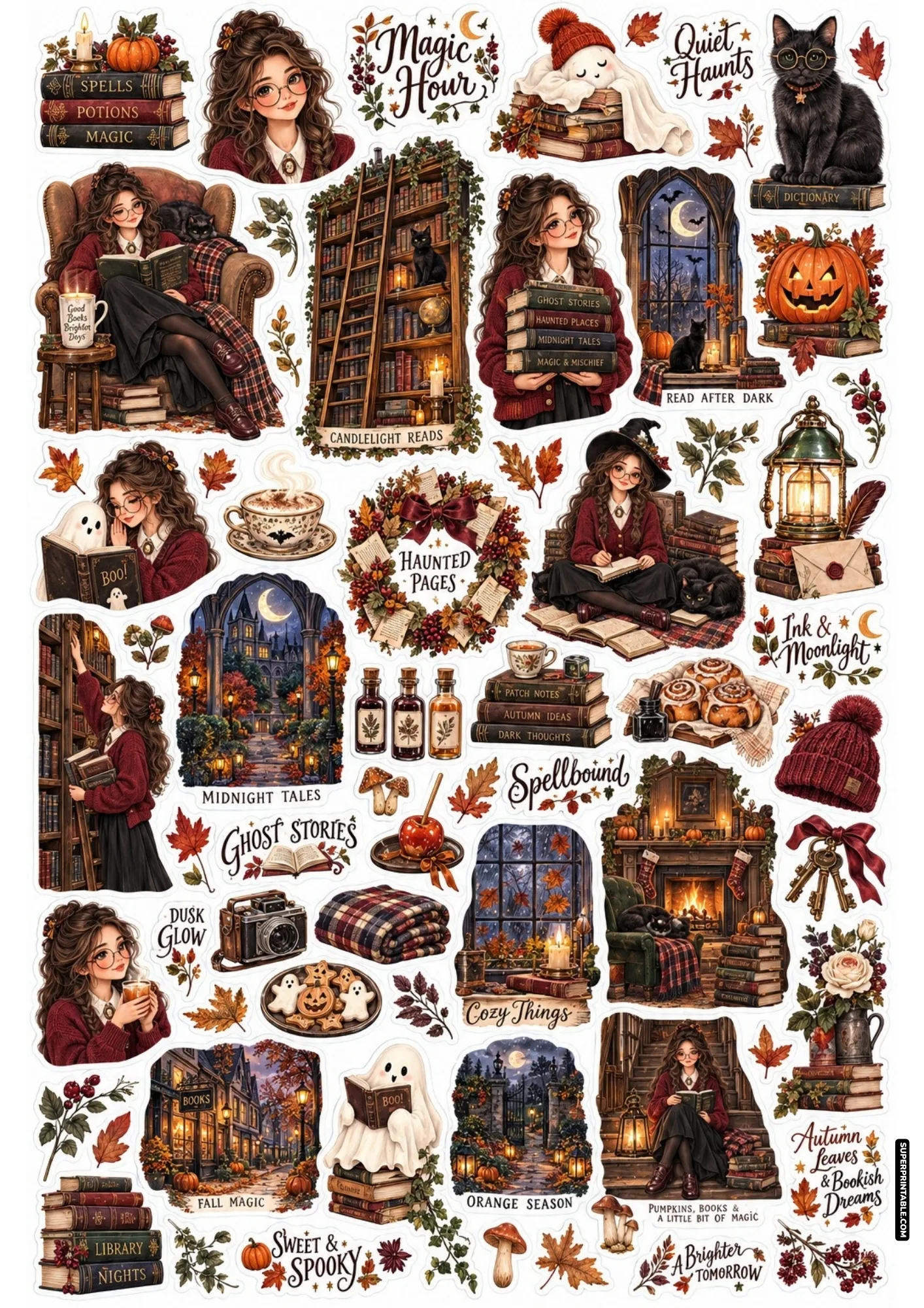 Dark academia sticker sheet featuring glasses-wearing witch girls reading vintage books in cozy libraries.