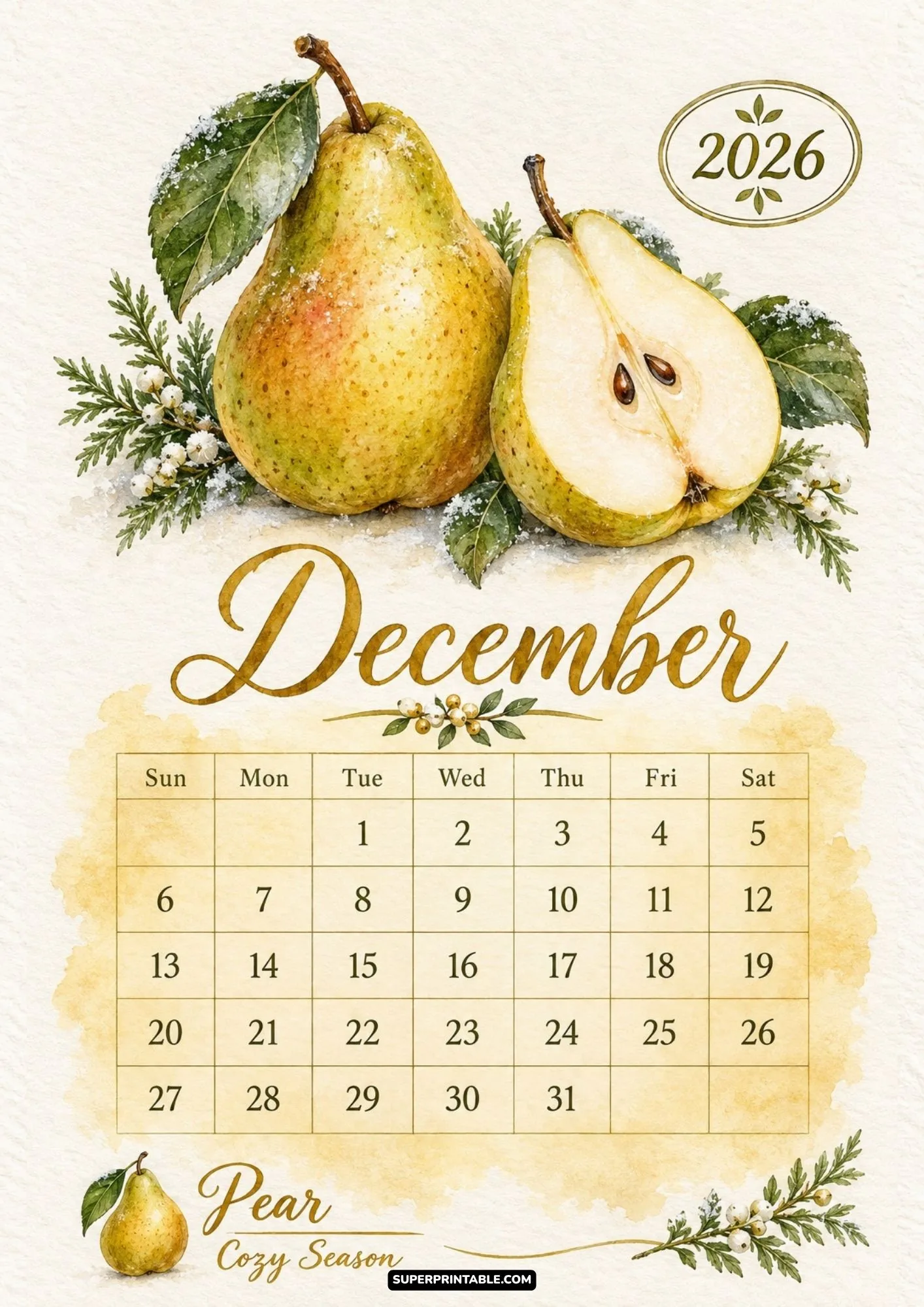 December 2026 page of watercolor fruits 2026 monthly calendar with golden pears and snow pine sprigs.