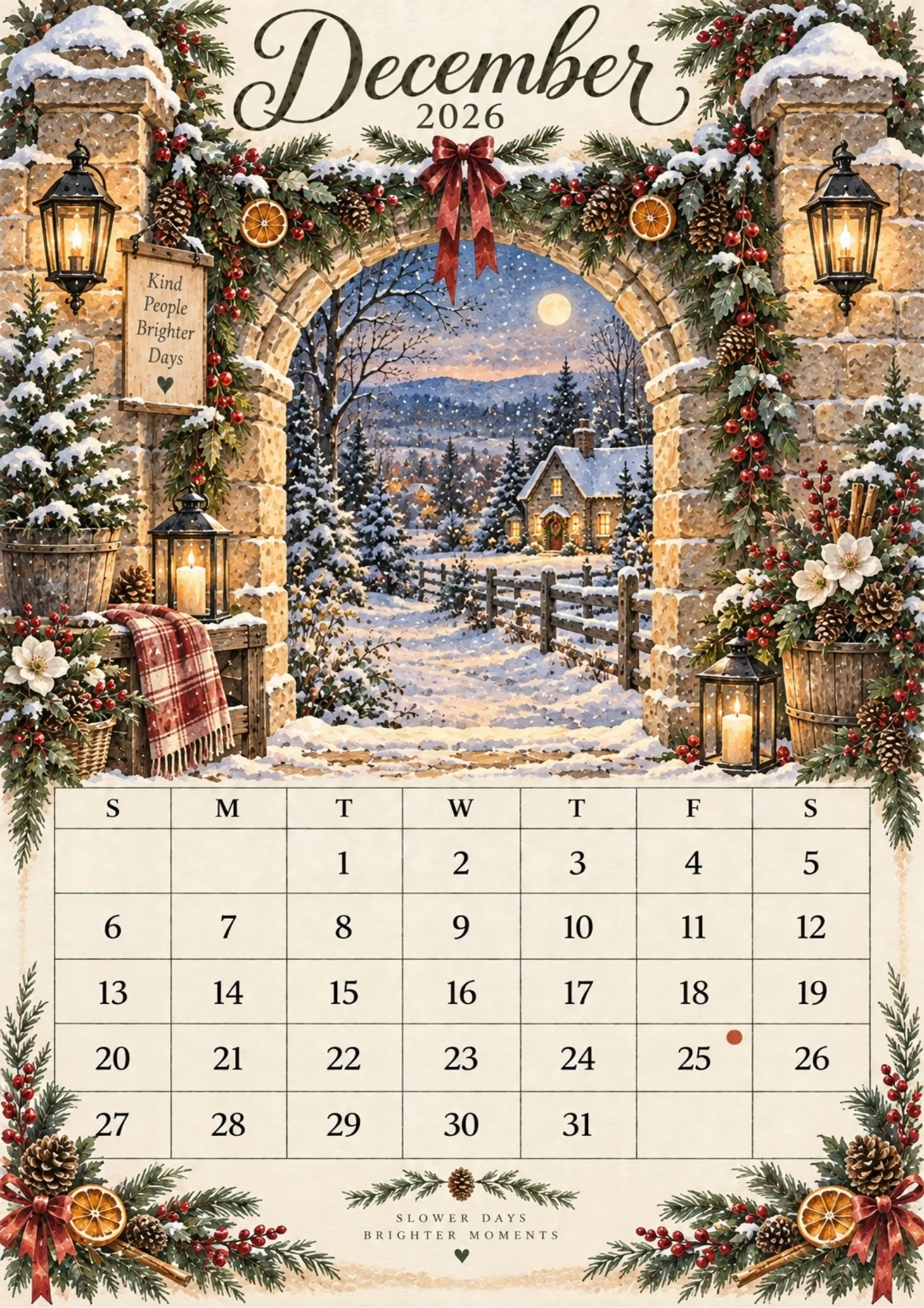 December 2026 holiday calendar sheet with snow-covered stone archway, twinkling lanterns, and winter village.