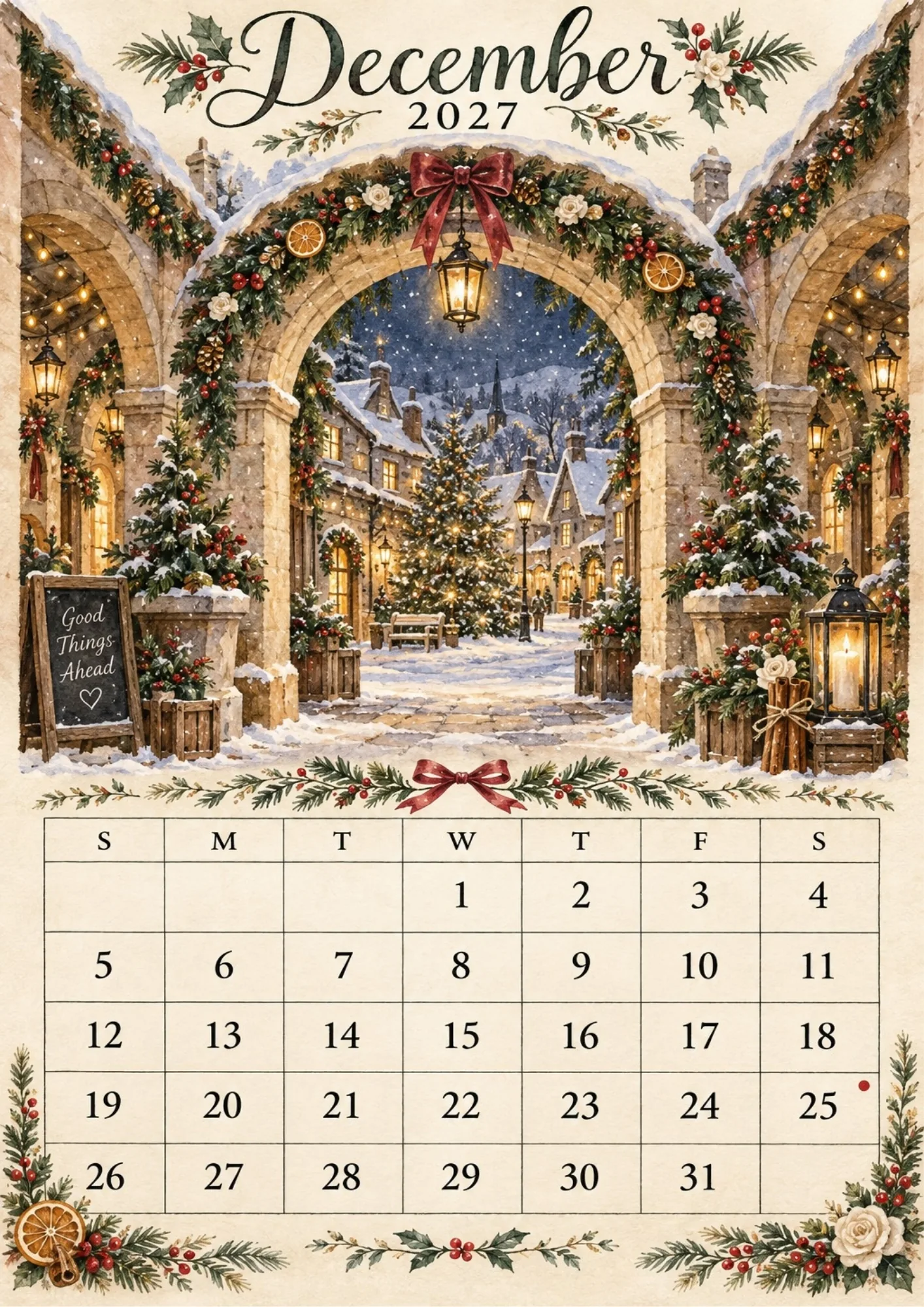 December 2027 holiday calendar page featuring a Christmas village and decorated pine archway.