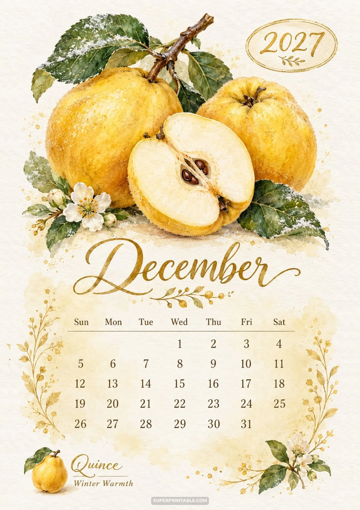 December printable calendar sheet featuring warm golden watercolor quince fruit and snow touch.