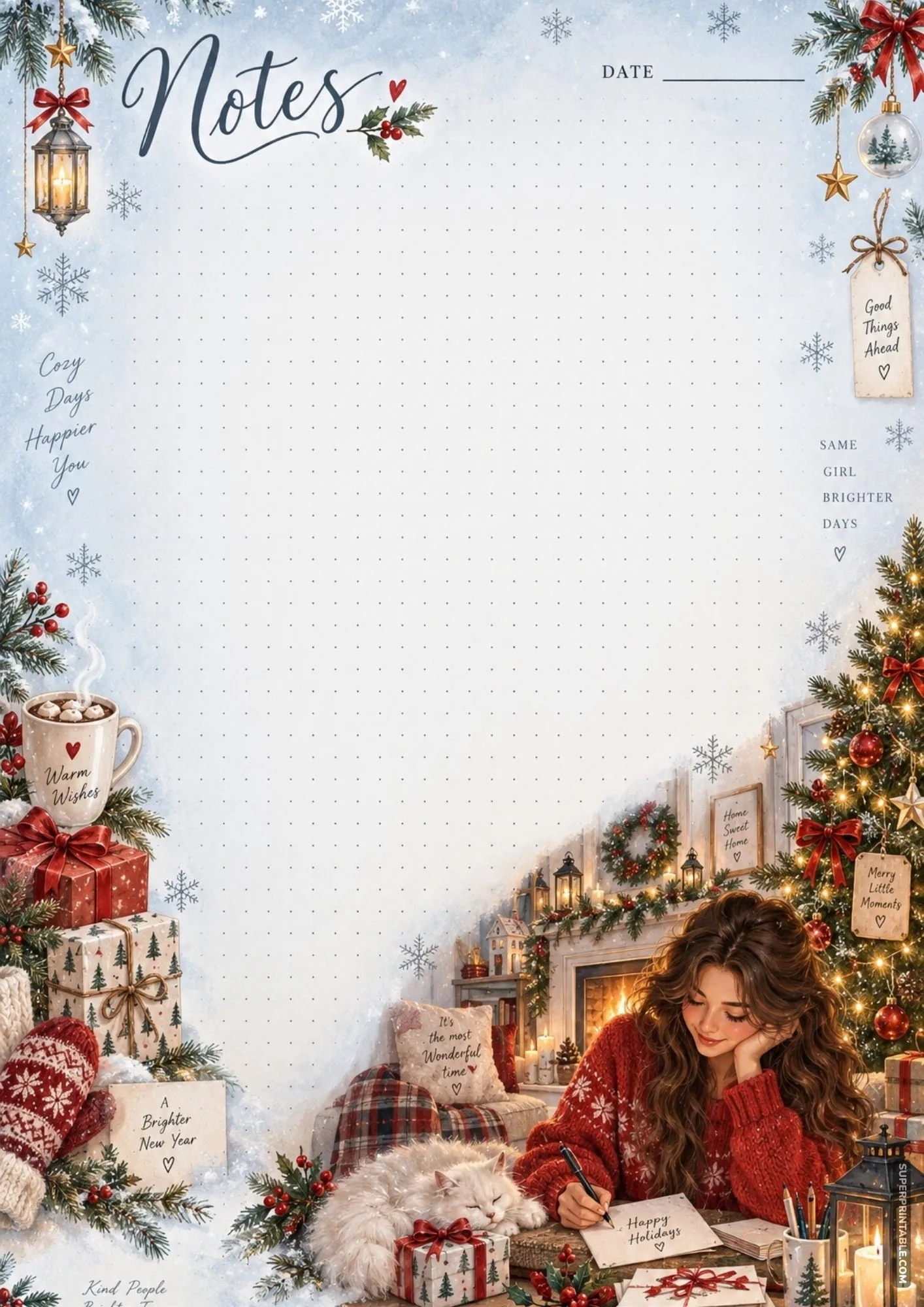 Cozy december notes pages layout featuring a woman writing cards by a warm Christmas fireplace.