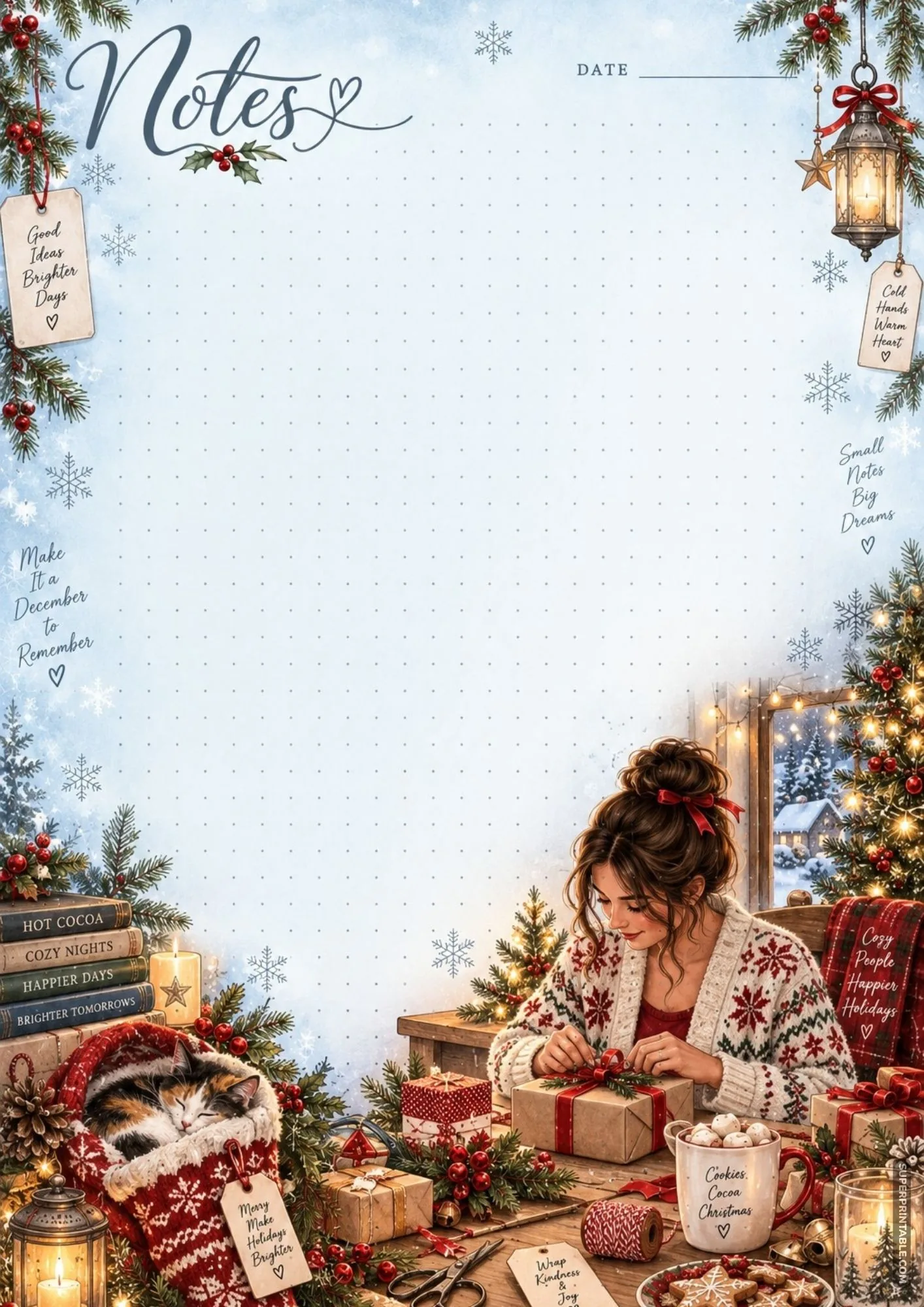 A creative table scene with brown paper presents, red ribbons, baked treats, and a sleeping calico cat.