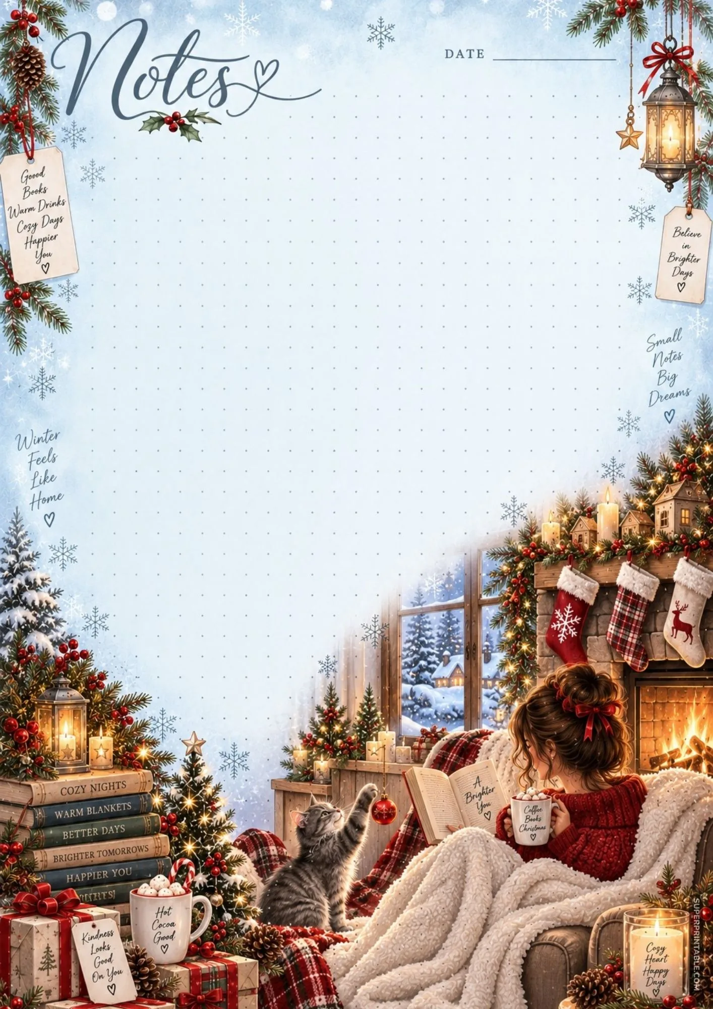A cozy fireside atmosphere featuring a girl reading a book with hot coffee and a playful cat nearby.