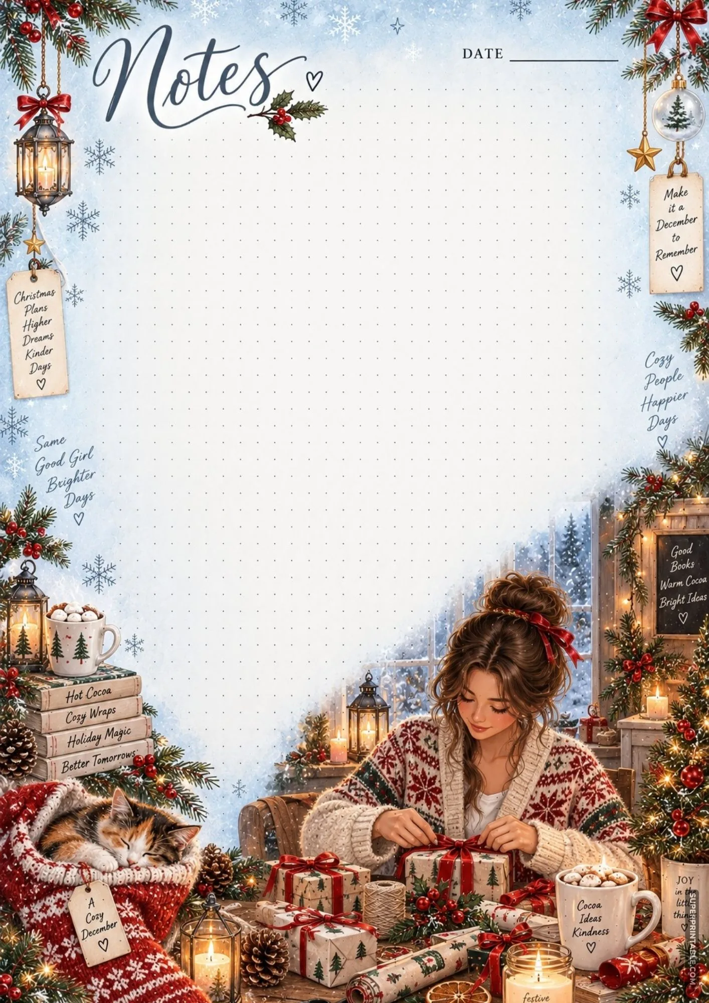 Cozy december notes pages design depicting holiday gift wrapping at a festively decorated table.