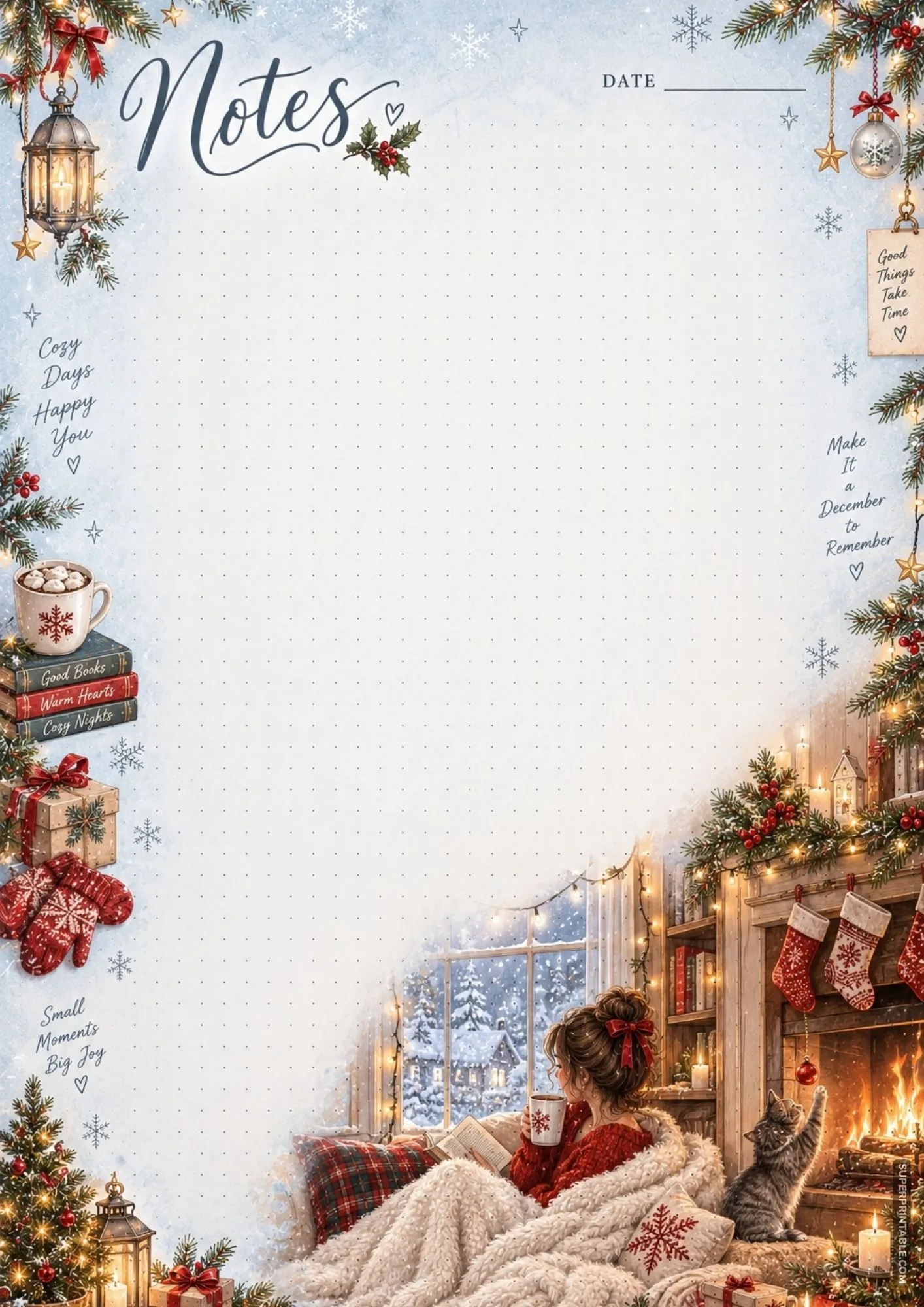 A peaceful winter evening scene of a girl reading a book near a flickering fireplace and Christmas stockings.