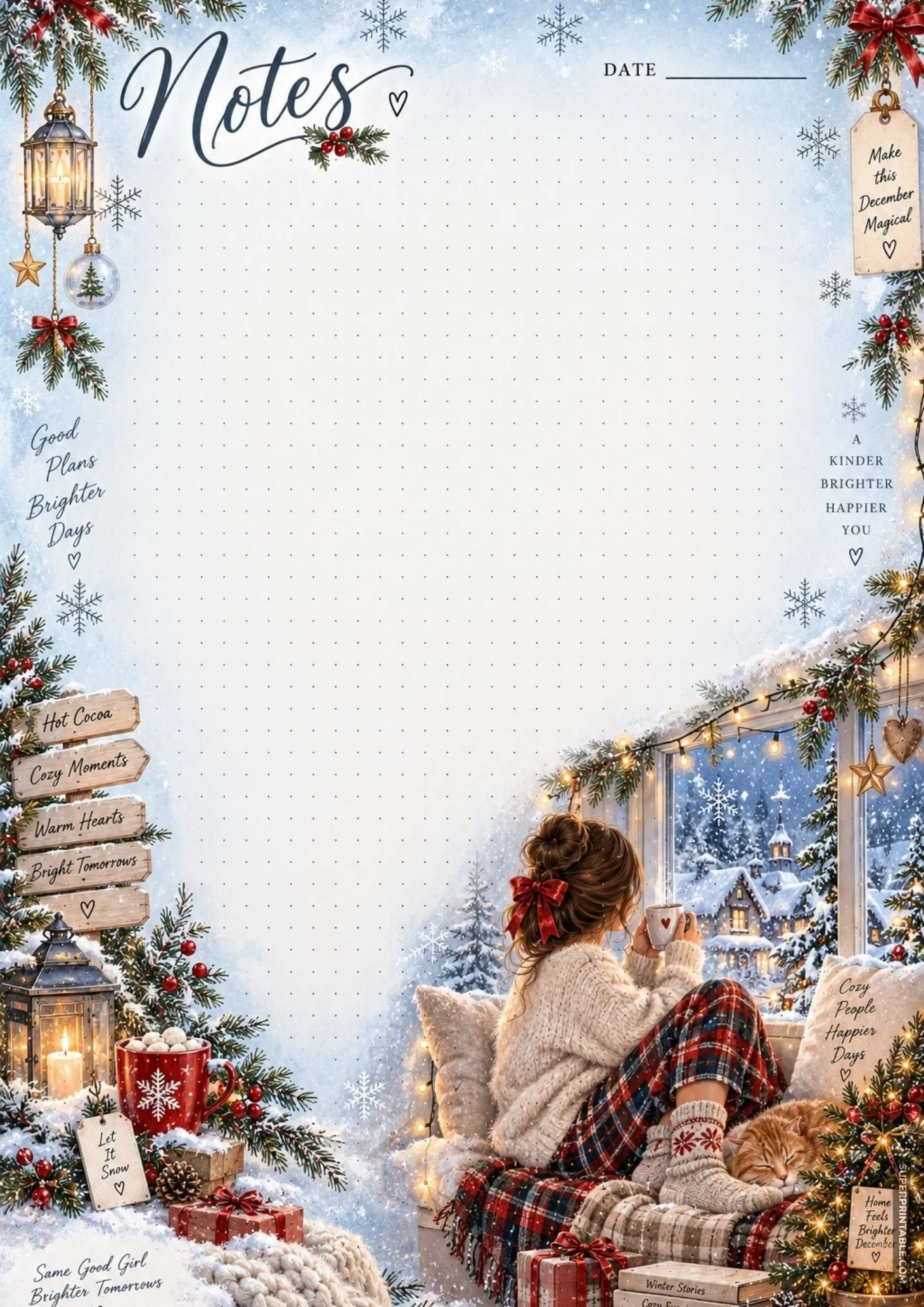 A woman sipping hot cocoa on a cozy window bench overlooking a snowy winter village landscape.