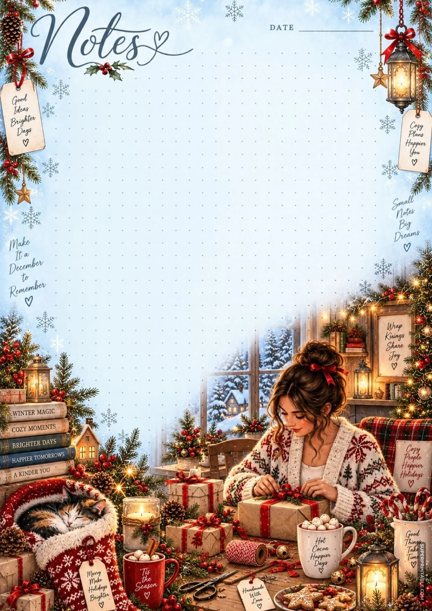 A holiday crafting tabletop filled with brown paper gifts, red ribbons, sweet treats, and festive decor.