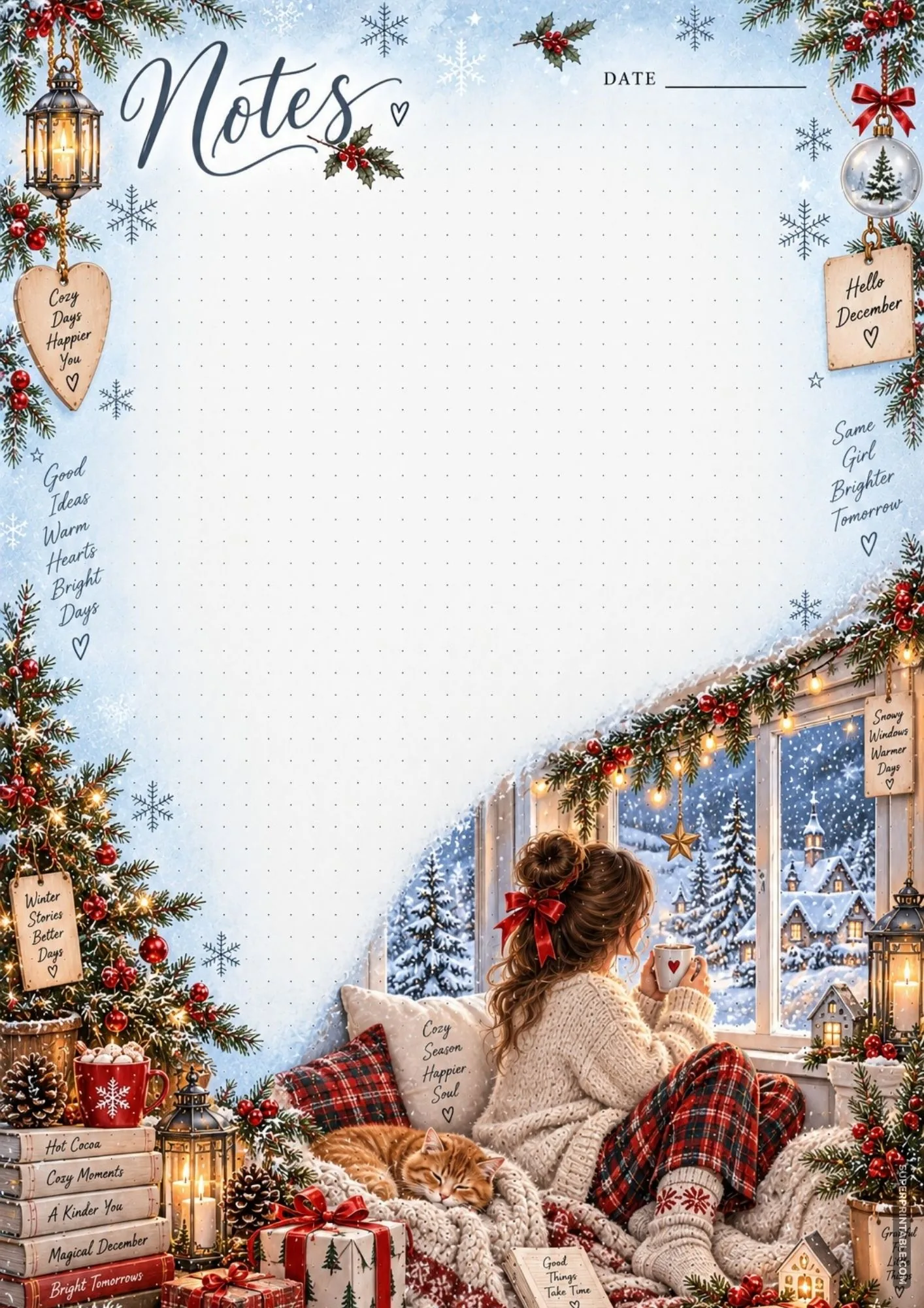 A young woman gazing out a garland-framed window at snow-covered trees while enjoying a hot drink.