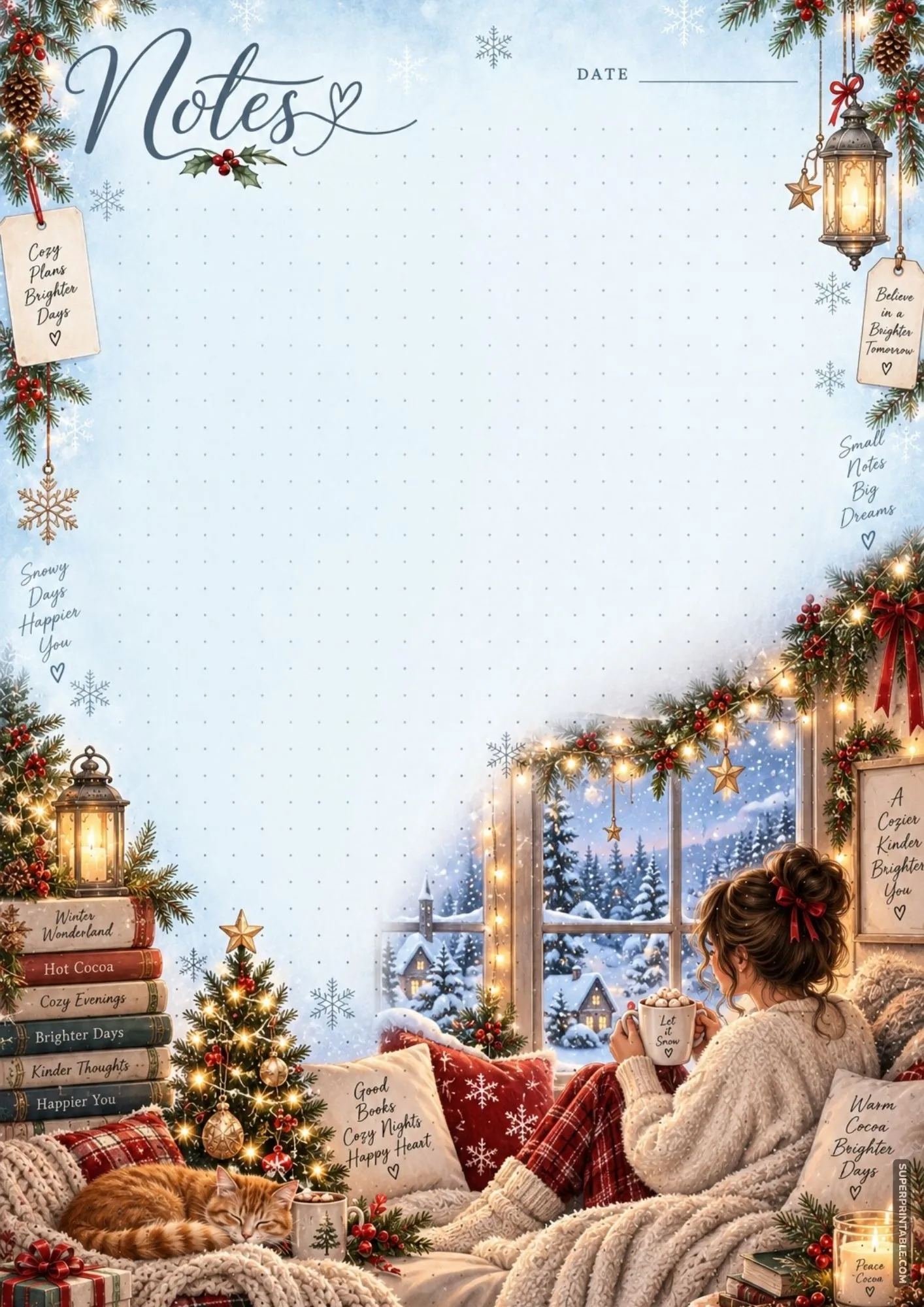 A peaceful winter moment of a girl looking out at snowy woods from a cozy decorated window seat.