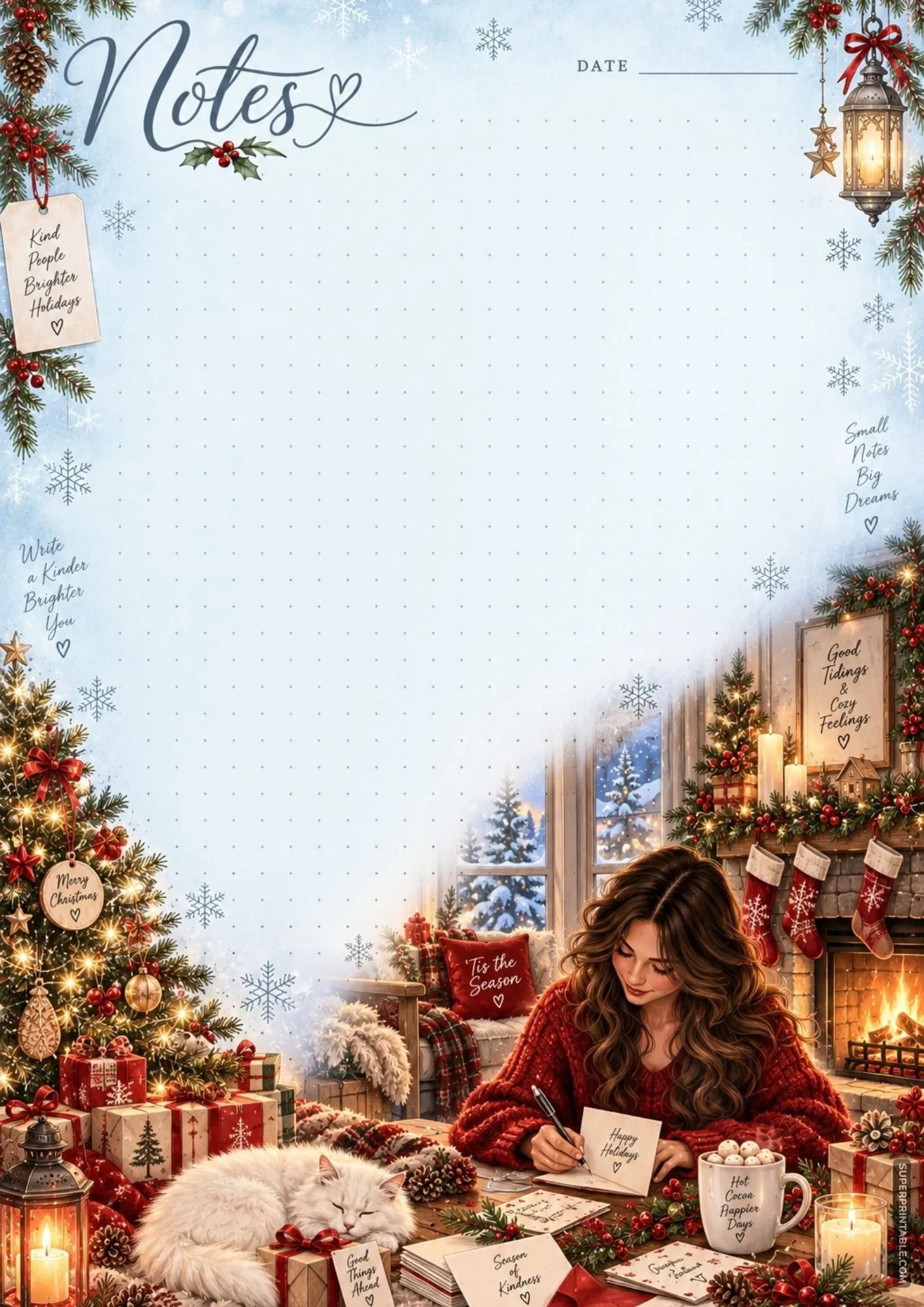 A woman writing christmas greeting cards surrounded by holiday gifts, white cat, and soft candlelight.